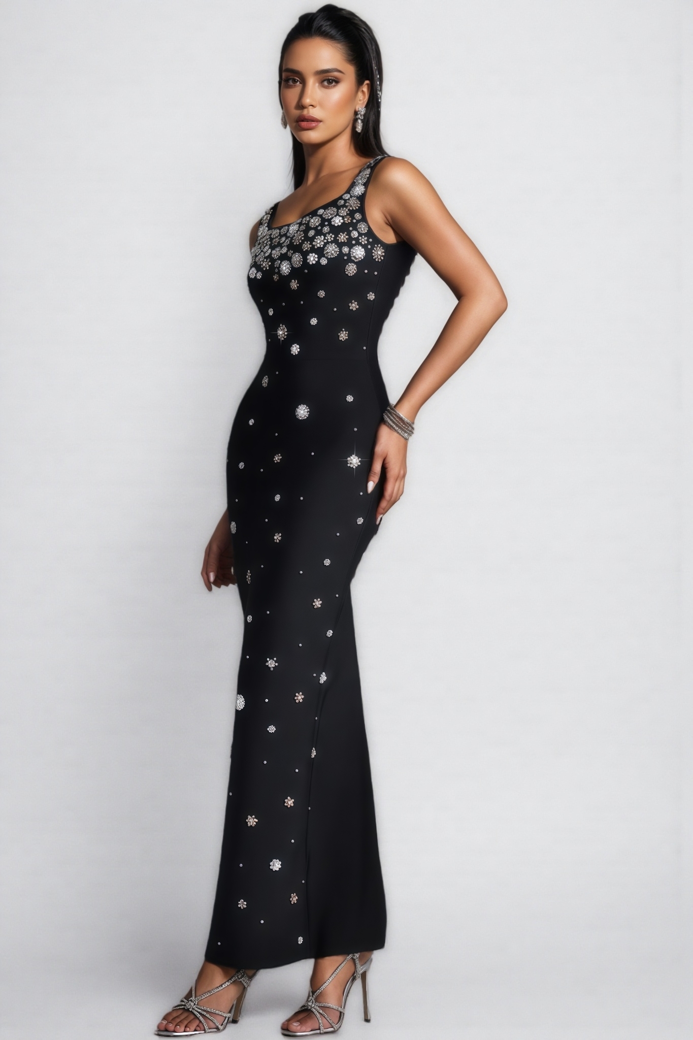 Tyranse Black Rhinestone Bandage Maxi Dress