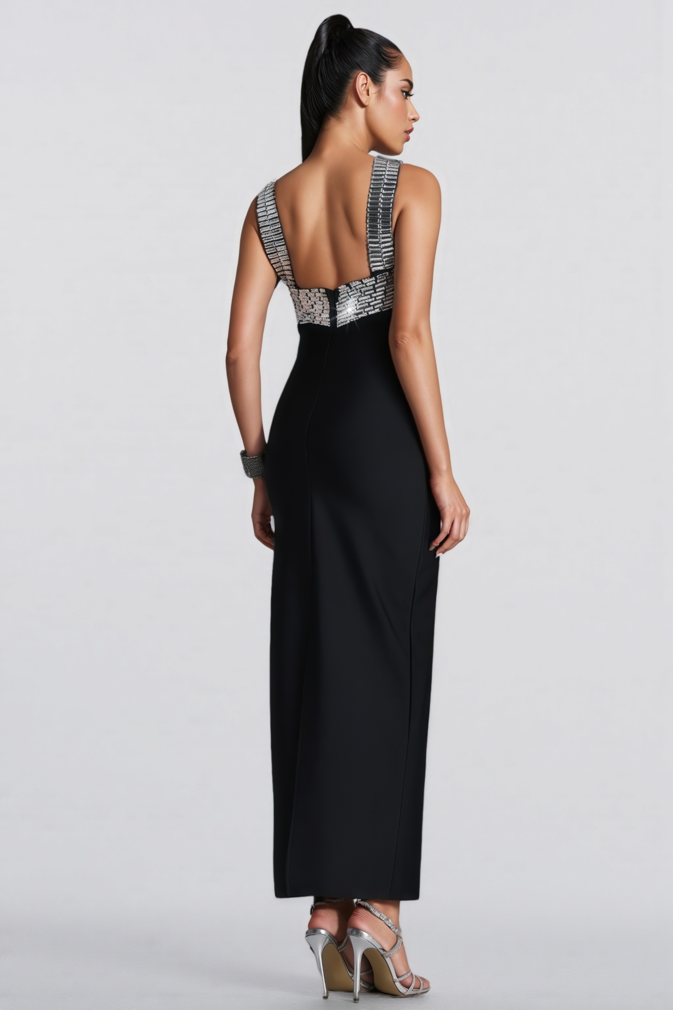 Klowan Halter Neck Rhinestone Bandage Maxi Dress
