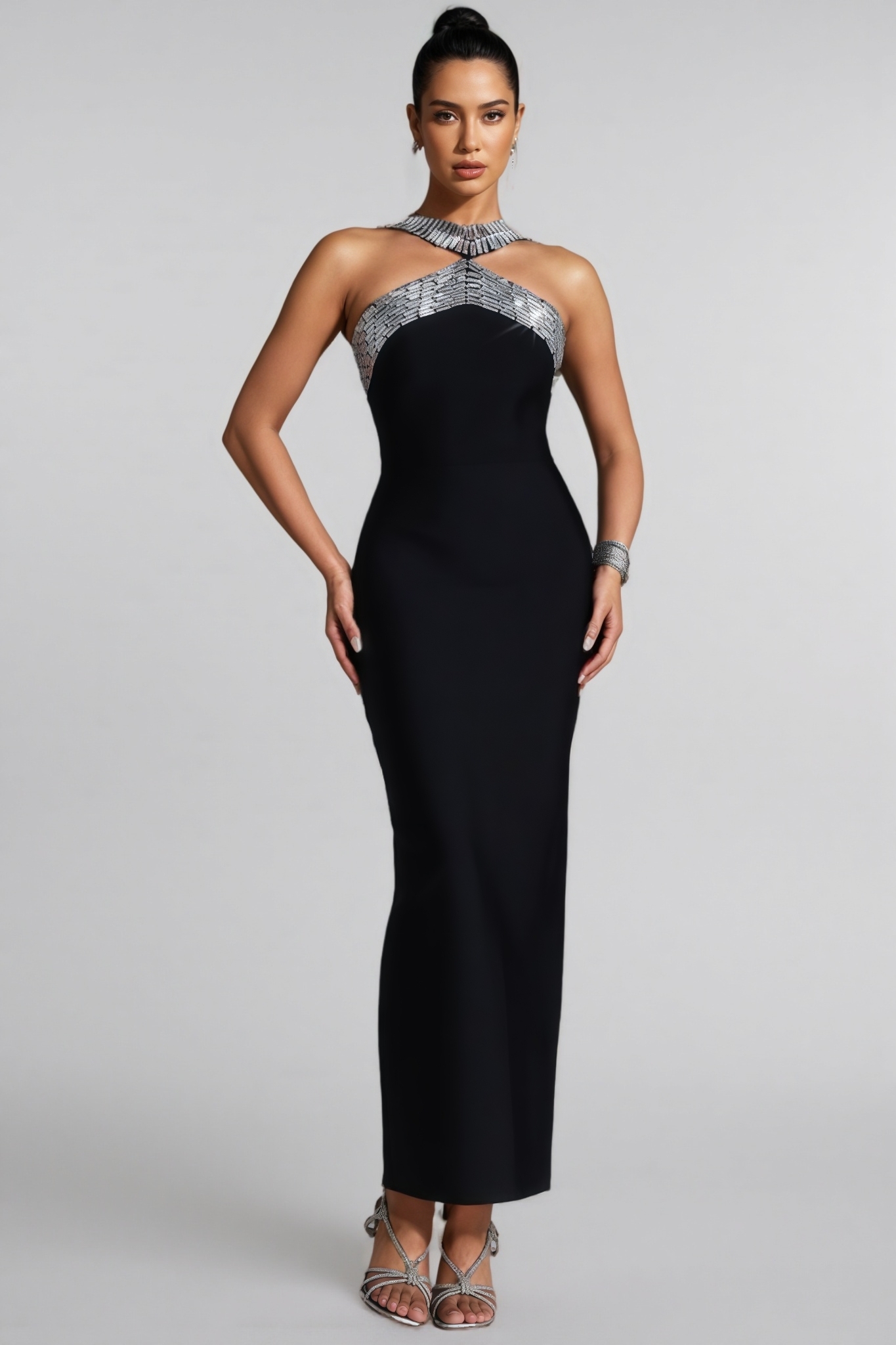 Klowan Halter Neck Rhinestone Bandage Maxi Dress