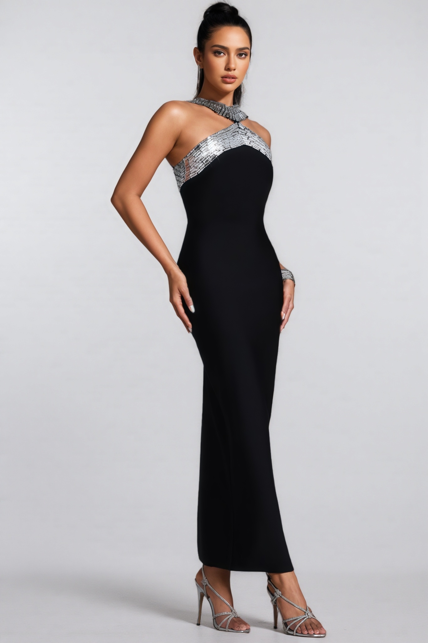 Klowan Halter Neck Rhinestone Bandage Maxi Dress