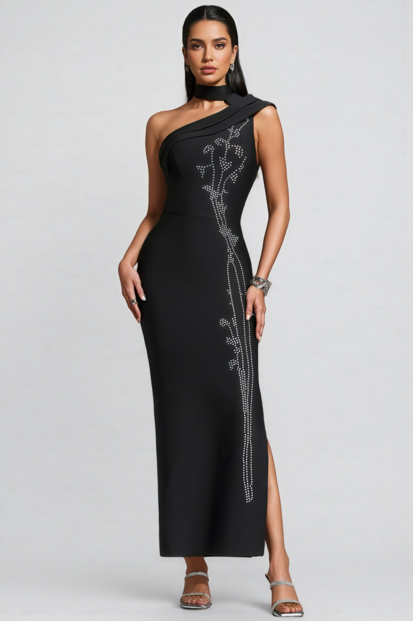 Xrnthy Black One Shoulder Bandage Maxi Dress
