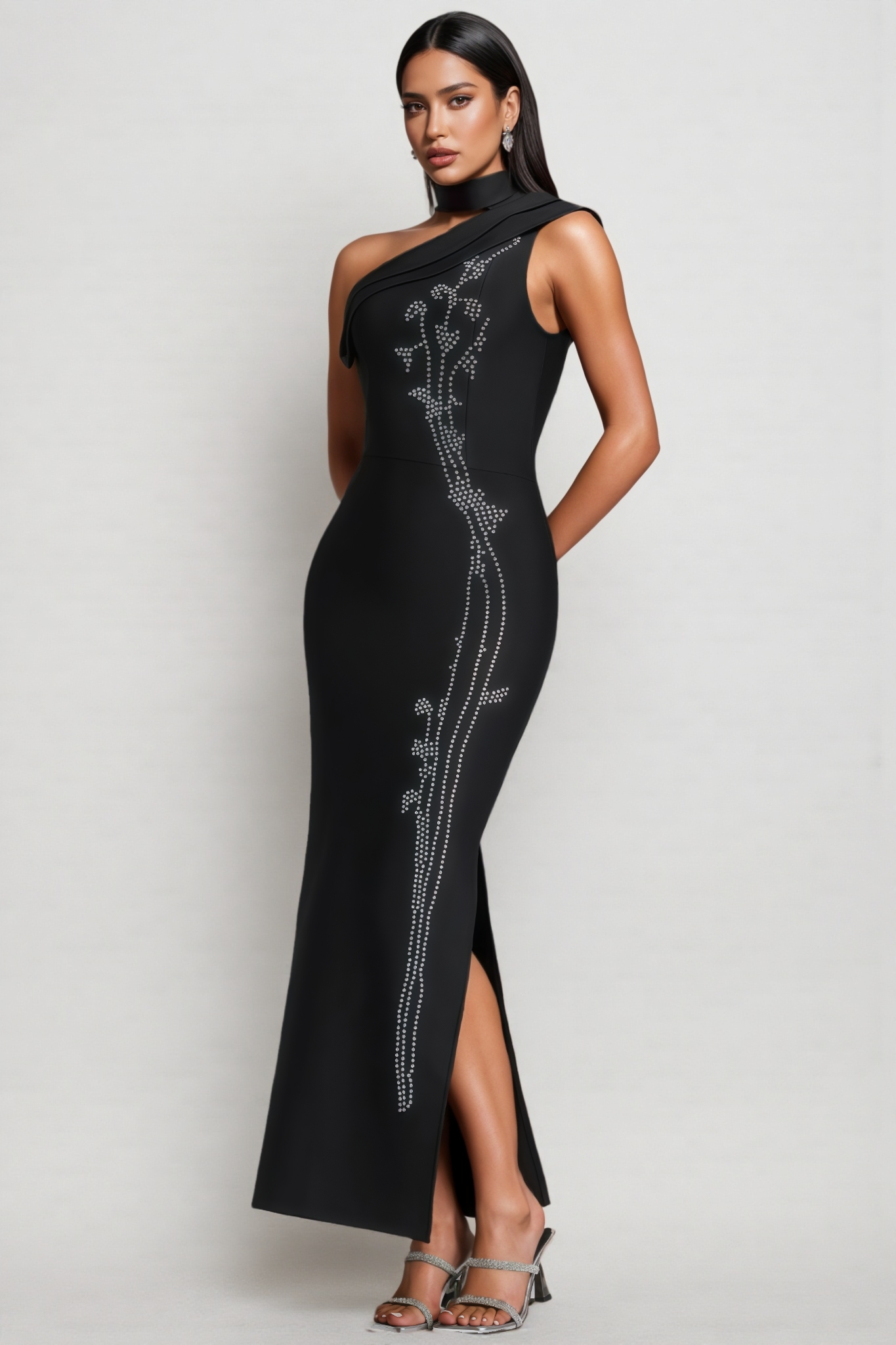 Xrnthy Black One Shoulder Bandage Maxi Dress