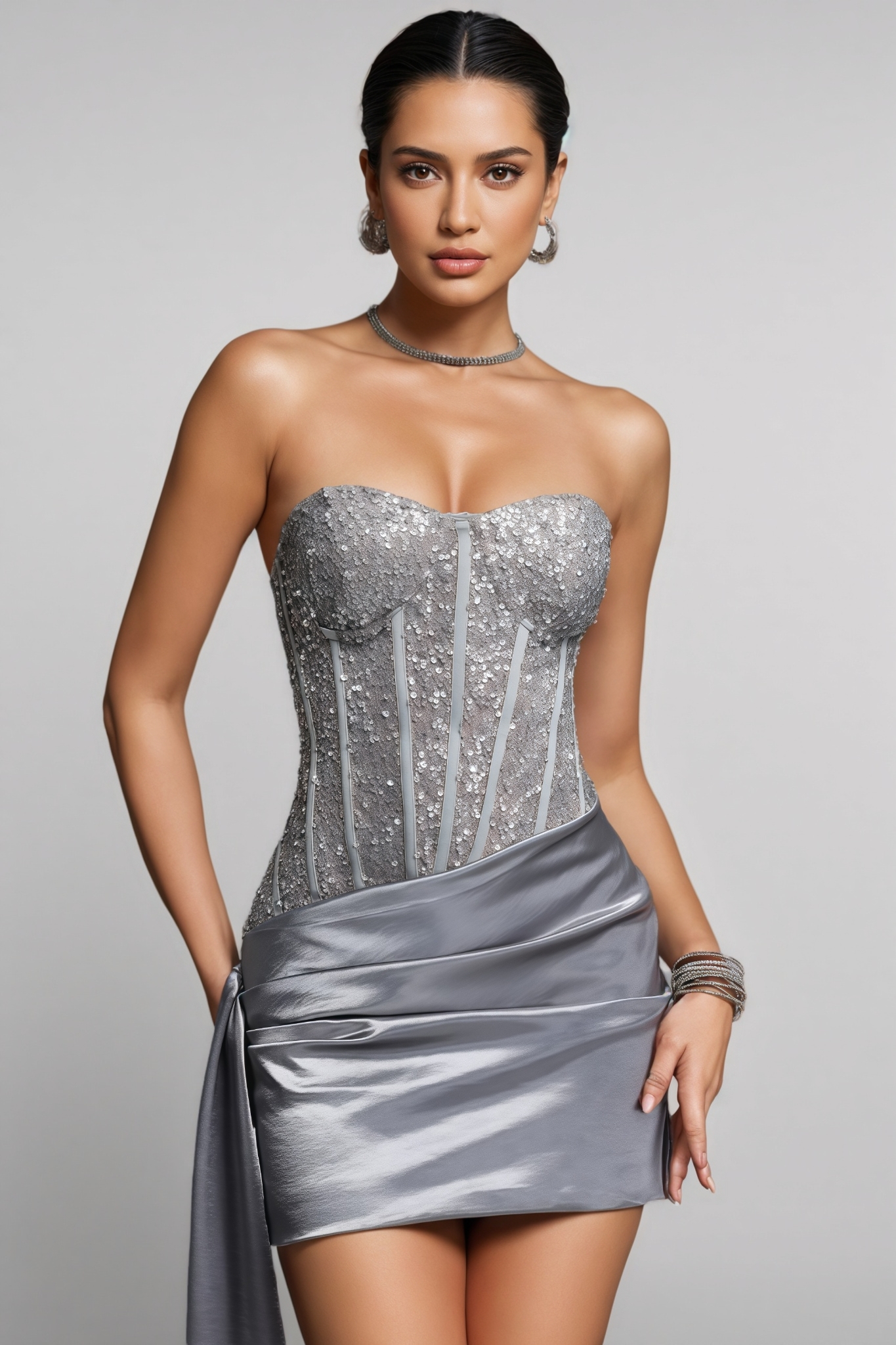 Fltson Silver Strapless Sequin Mini Dress
