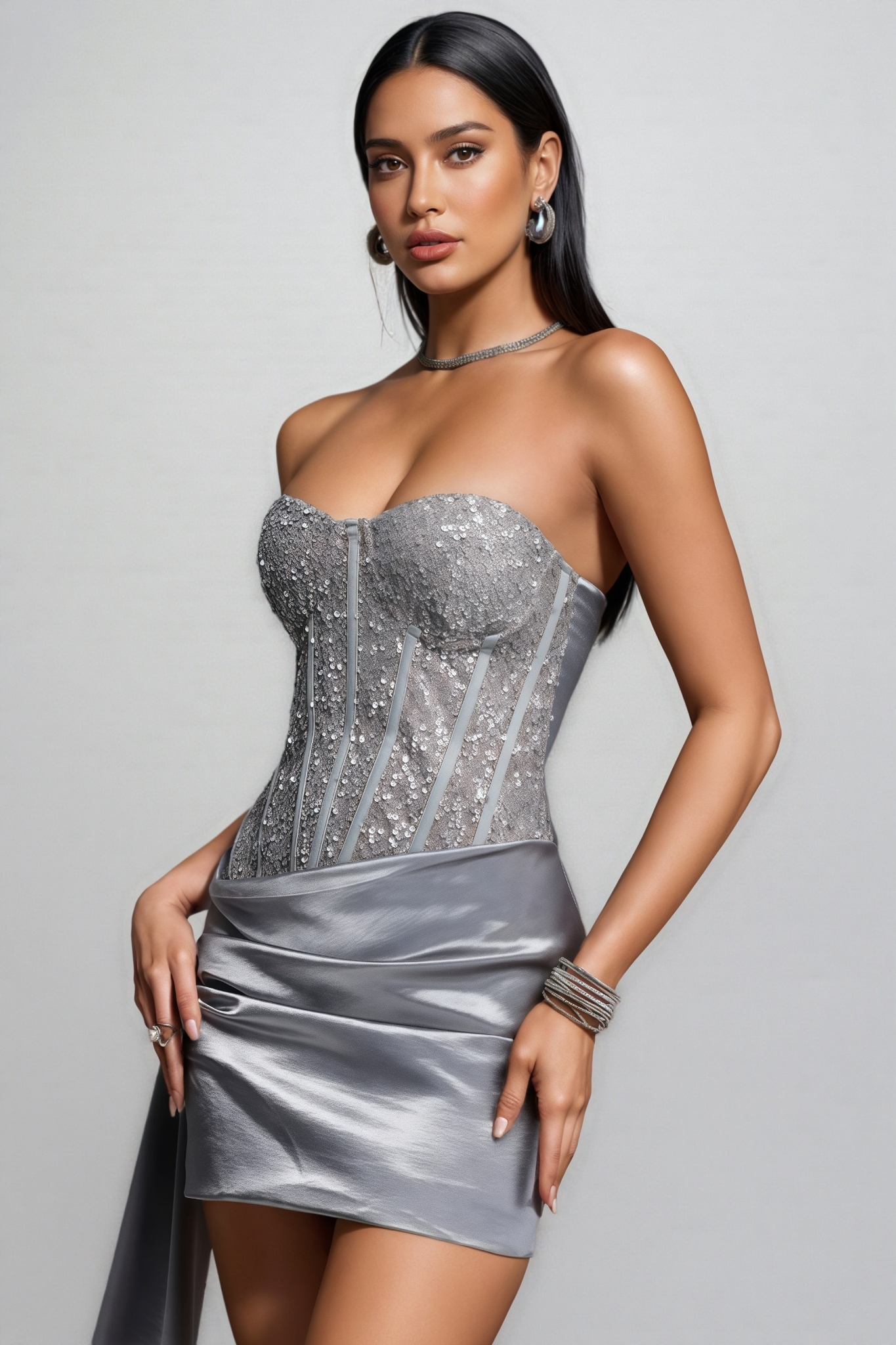 Fltson Silver Strapless Sequin Mini Dress