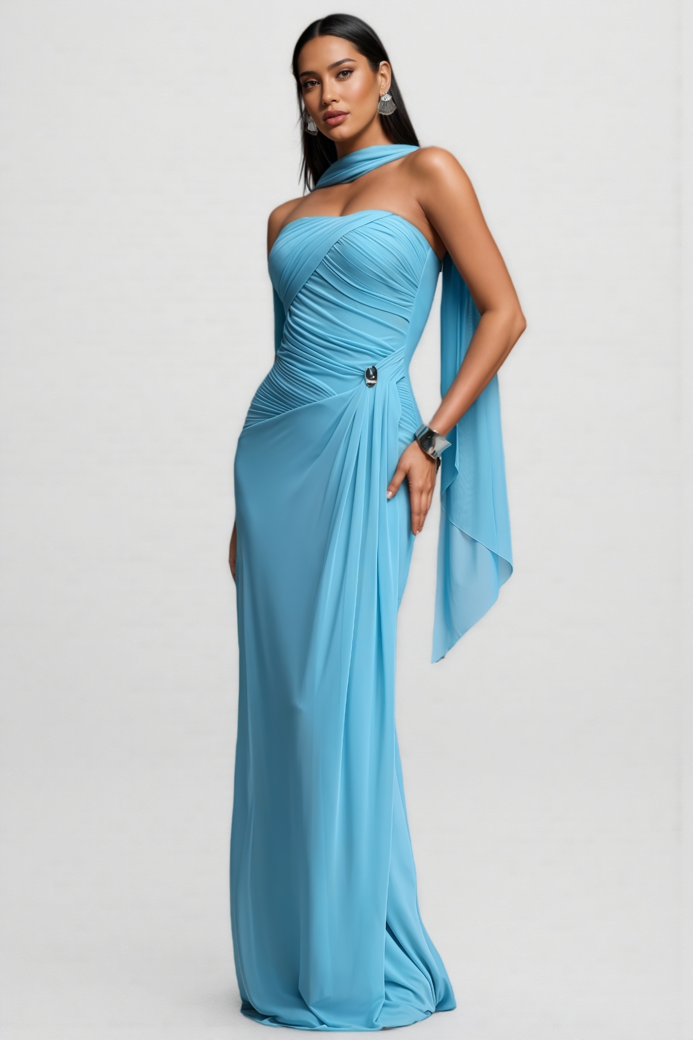 Cruno Blue Strapless Ruched Maxi Dress