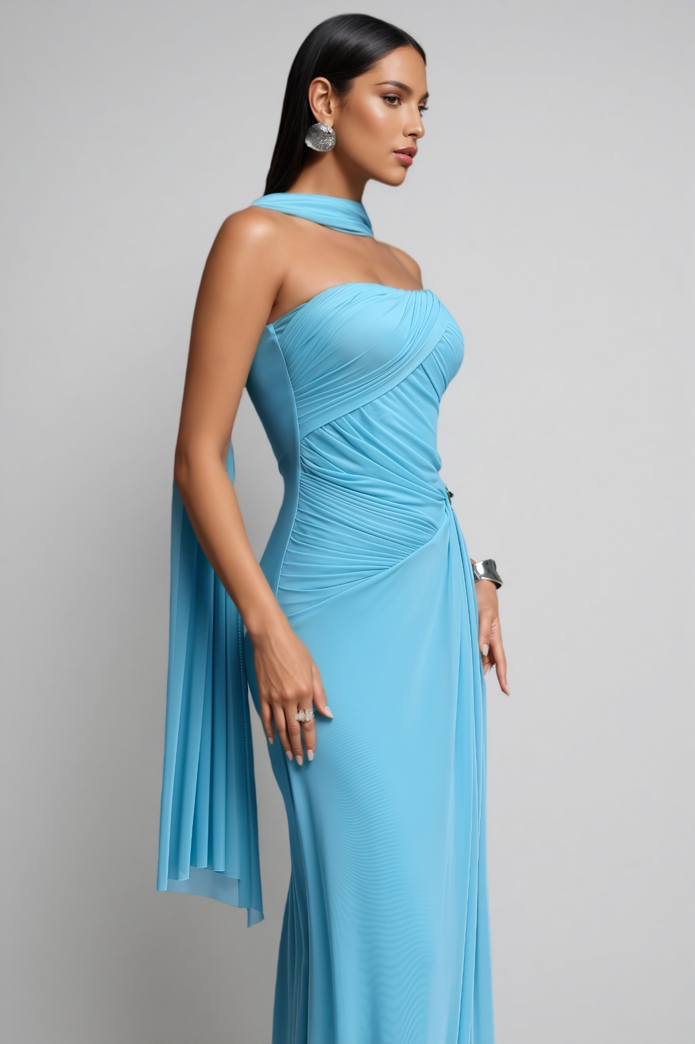 Cruno Blue Strapless Ruched Maxi Dress