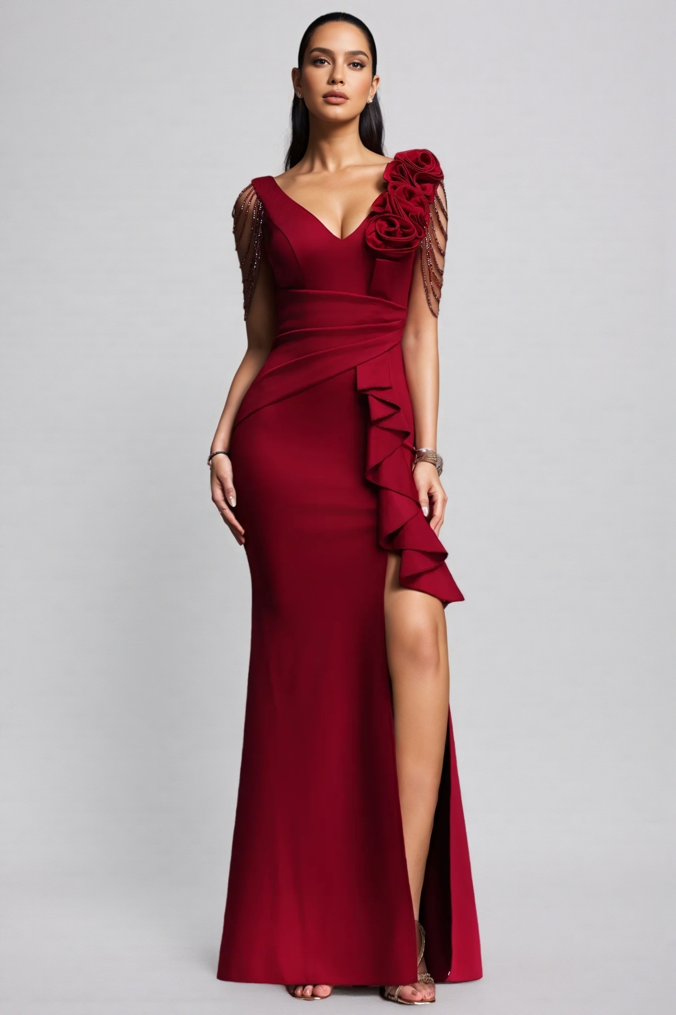 Trgin Red Pleated 3D Floral Maxi Dress