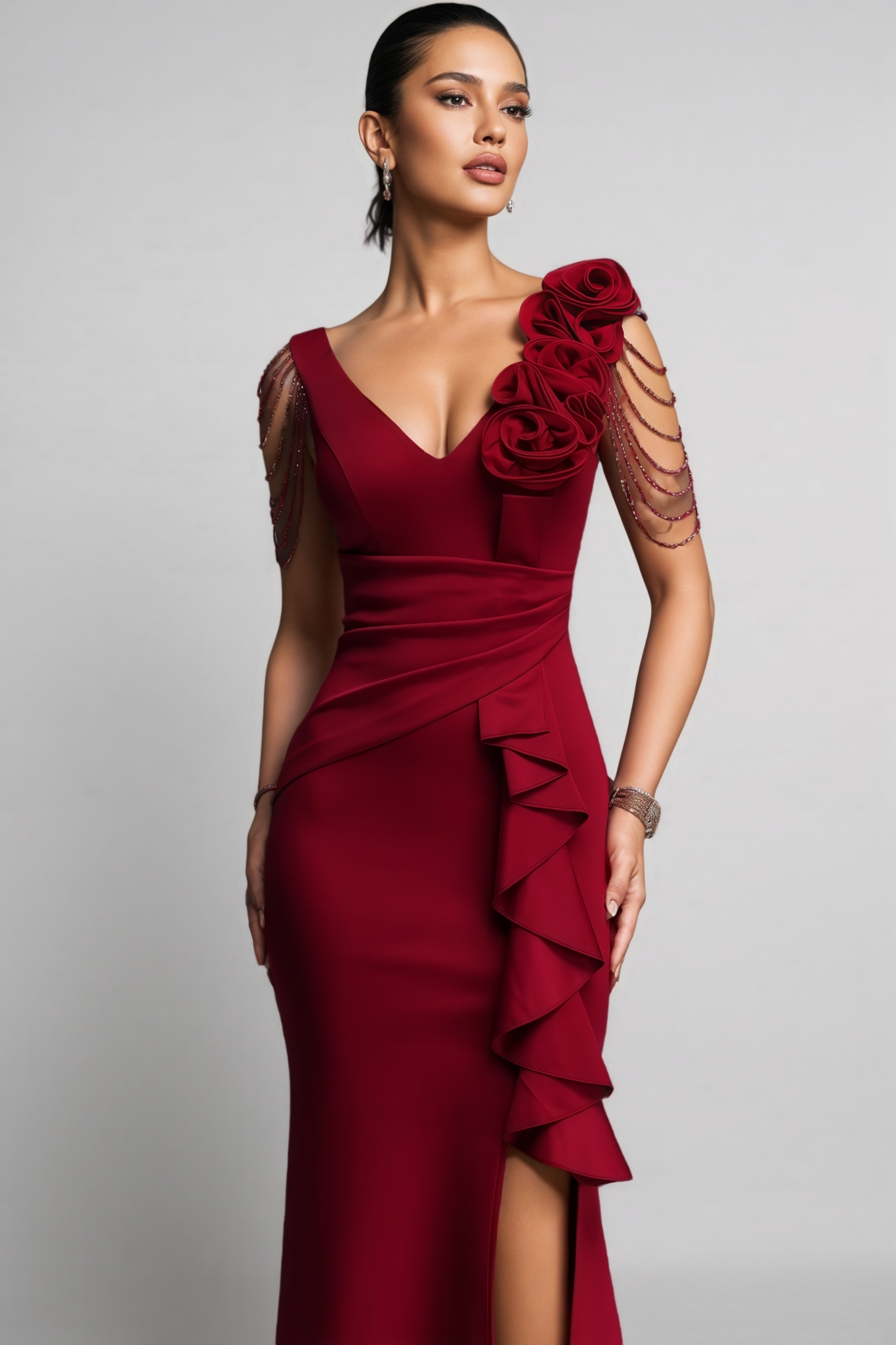 Trgin Red Pleated 3D Floral Maxi Dress