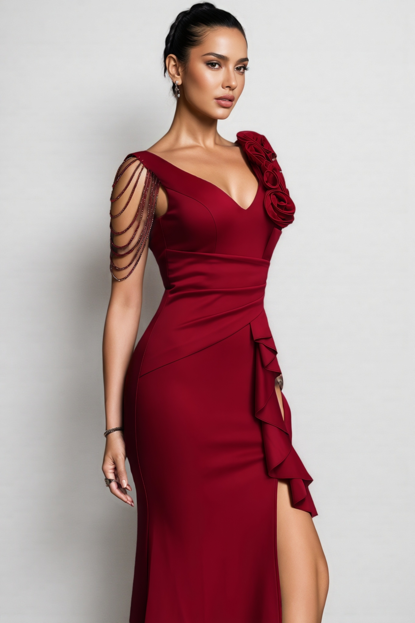Trgin Red Pleated 3D Floral Maxi Dress