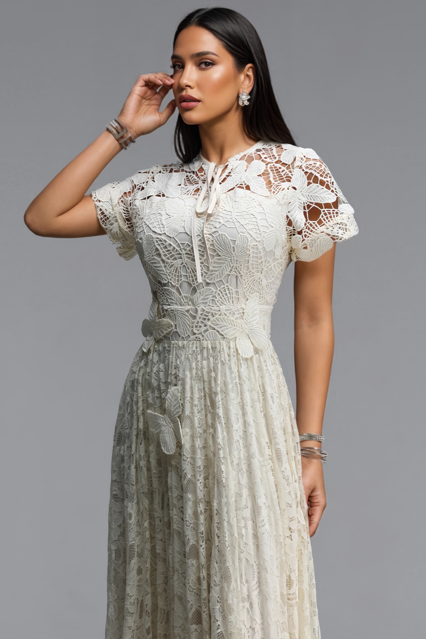 Rornby Beige Short Sleeve Lace Maxi Dress