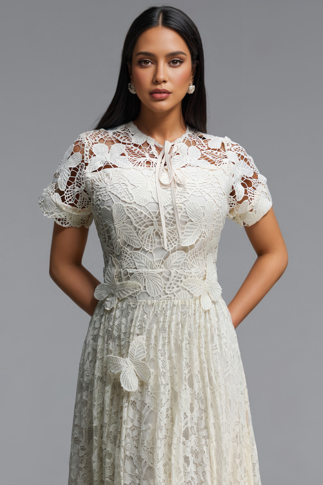 Rornby Beige Short Sleeve Lace Maxi Dress