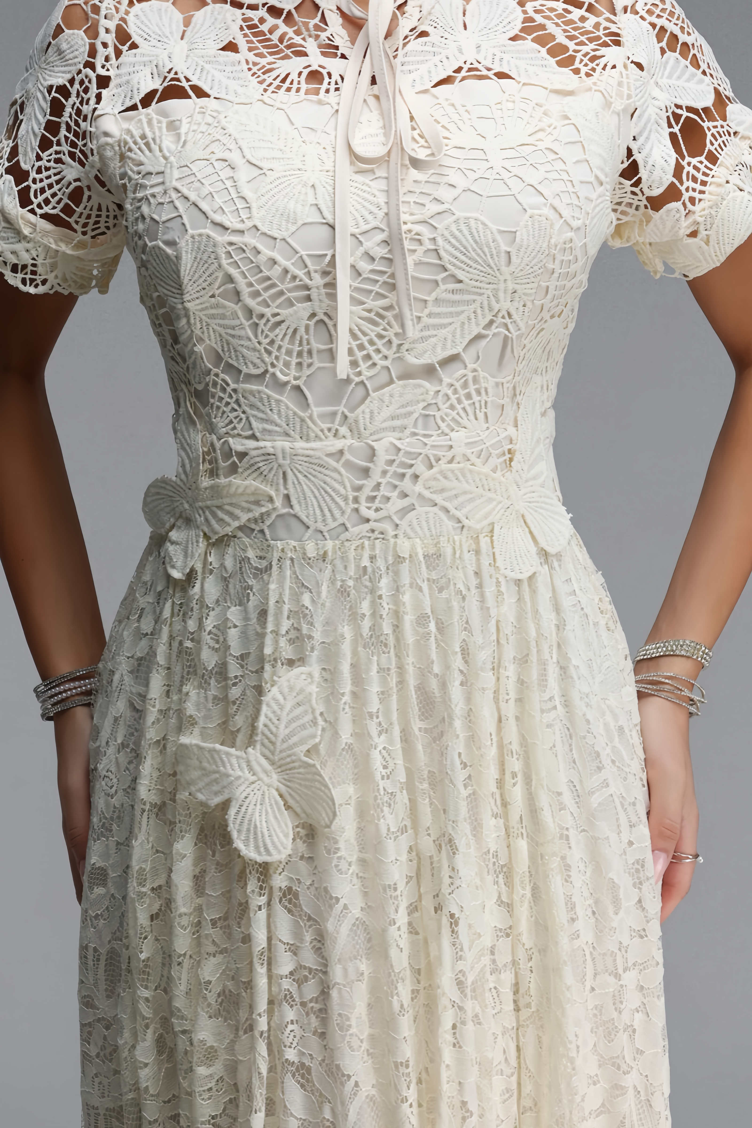 Rornby Beige Short Sleeve Lace Maxi Dress