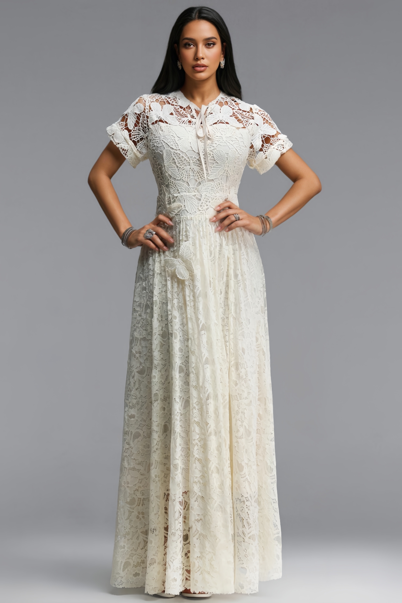 Rornby Beige Short Sleeve Lace Maxi Dress