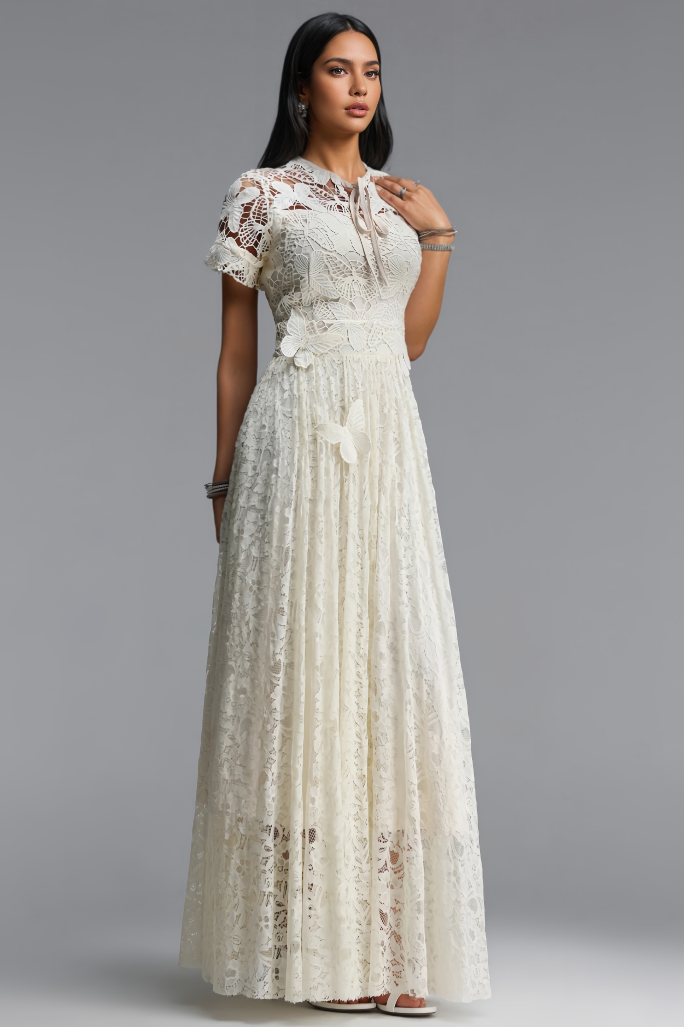 Rornby Beige Short Sleeve Lace Maxi Dress