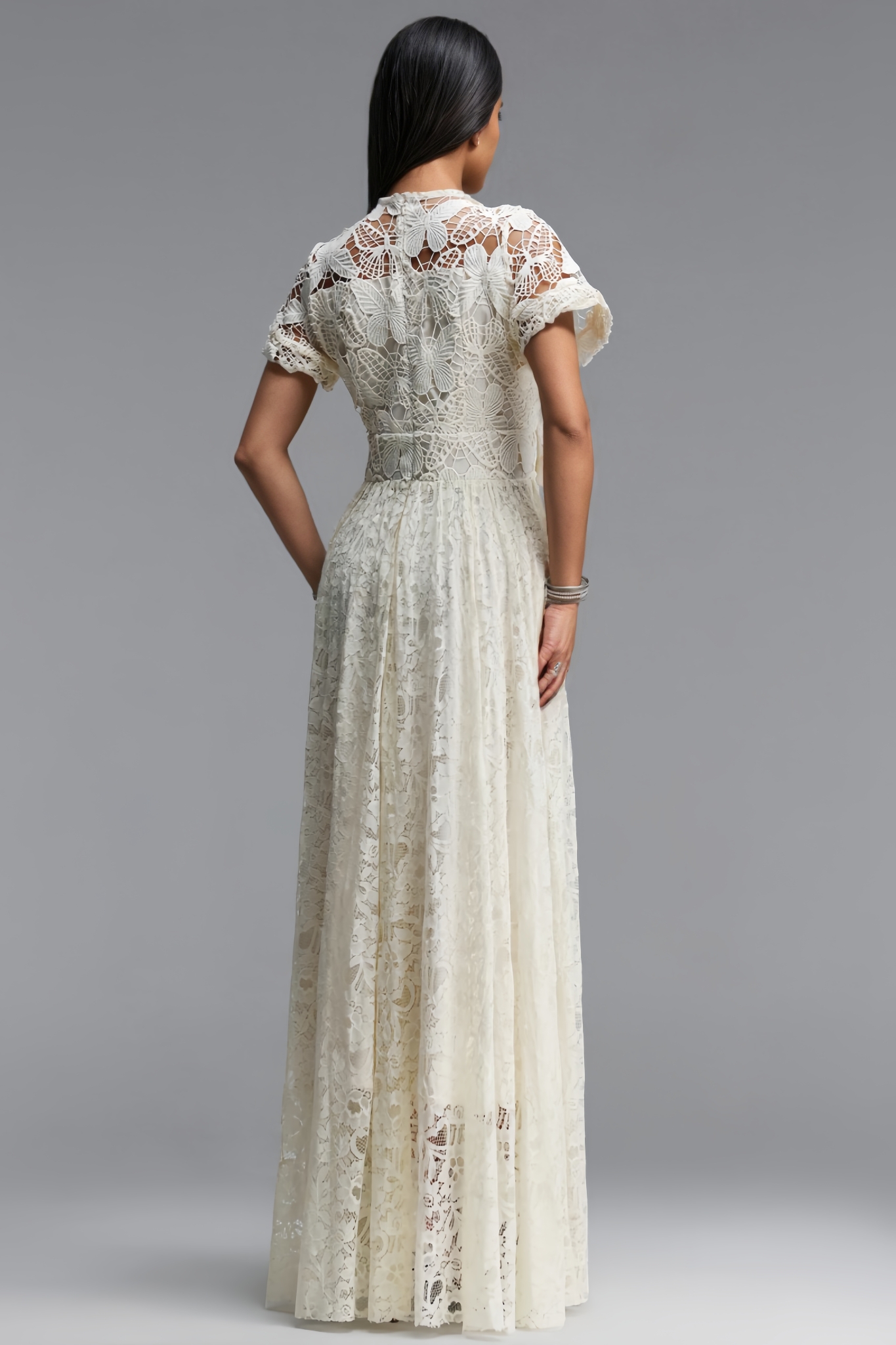 Rornby Beige Short Sleeve Lace Maxi Dress