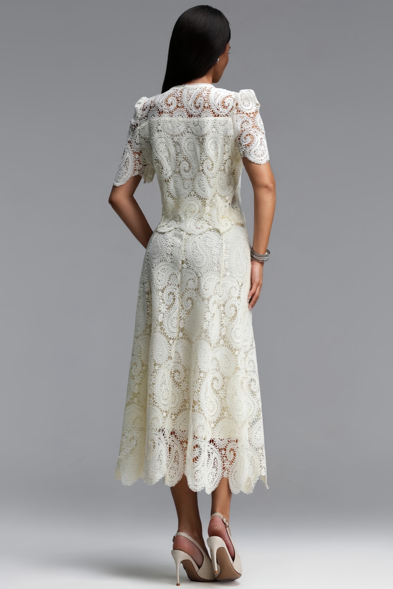 Flamont Beige Lace Maxi Dress Two Piece Set
