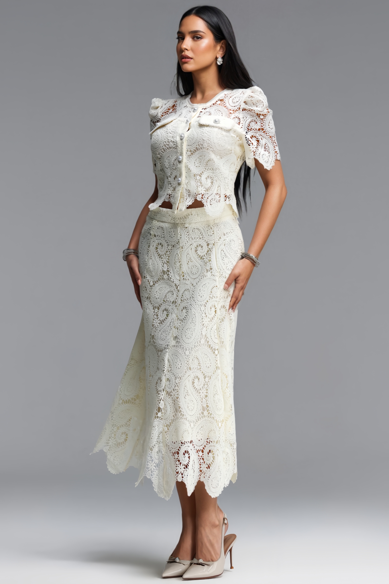 Flamont Beige Lace Maxi Dress Two Piece Set