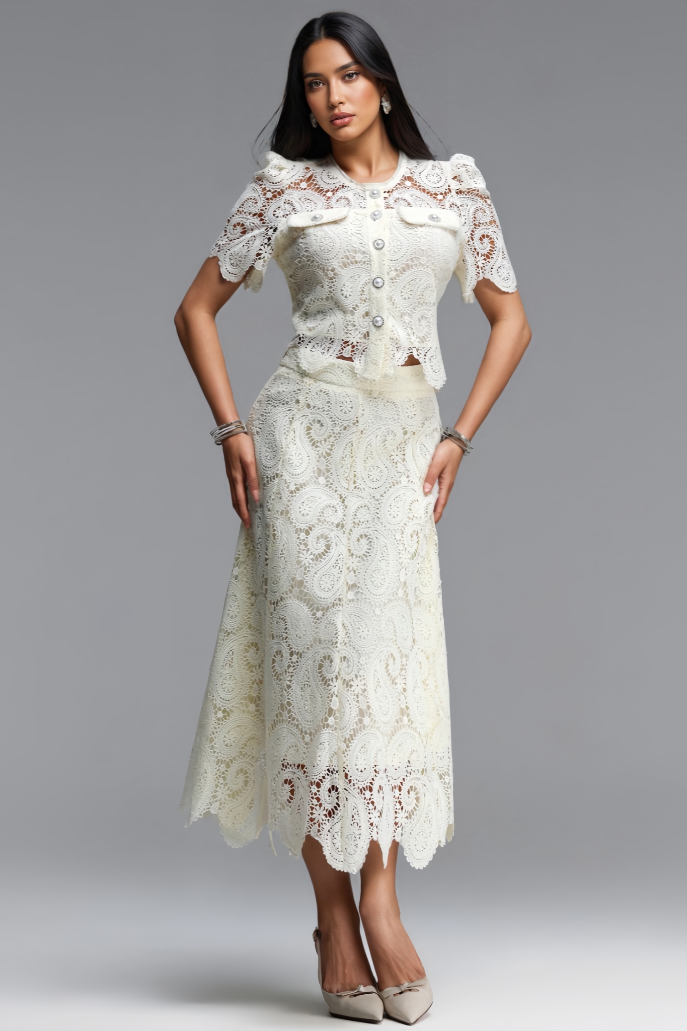 Flamont Beige Lace Maxi Dress Two Piece Set