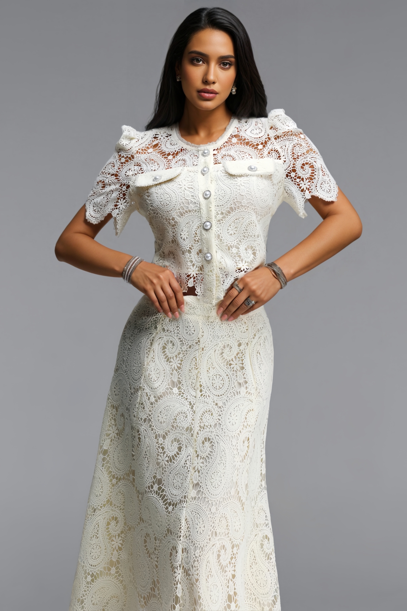 Flamont Beige Lace Maxi Dress Two Piece Set