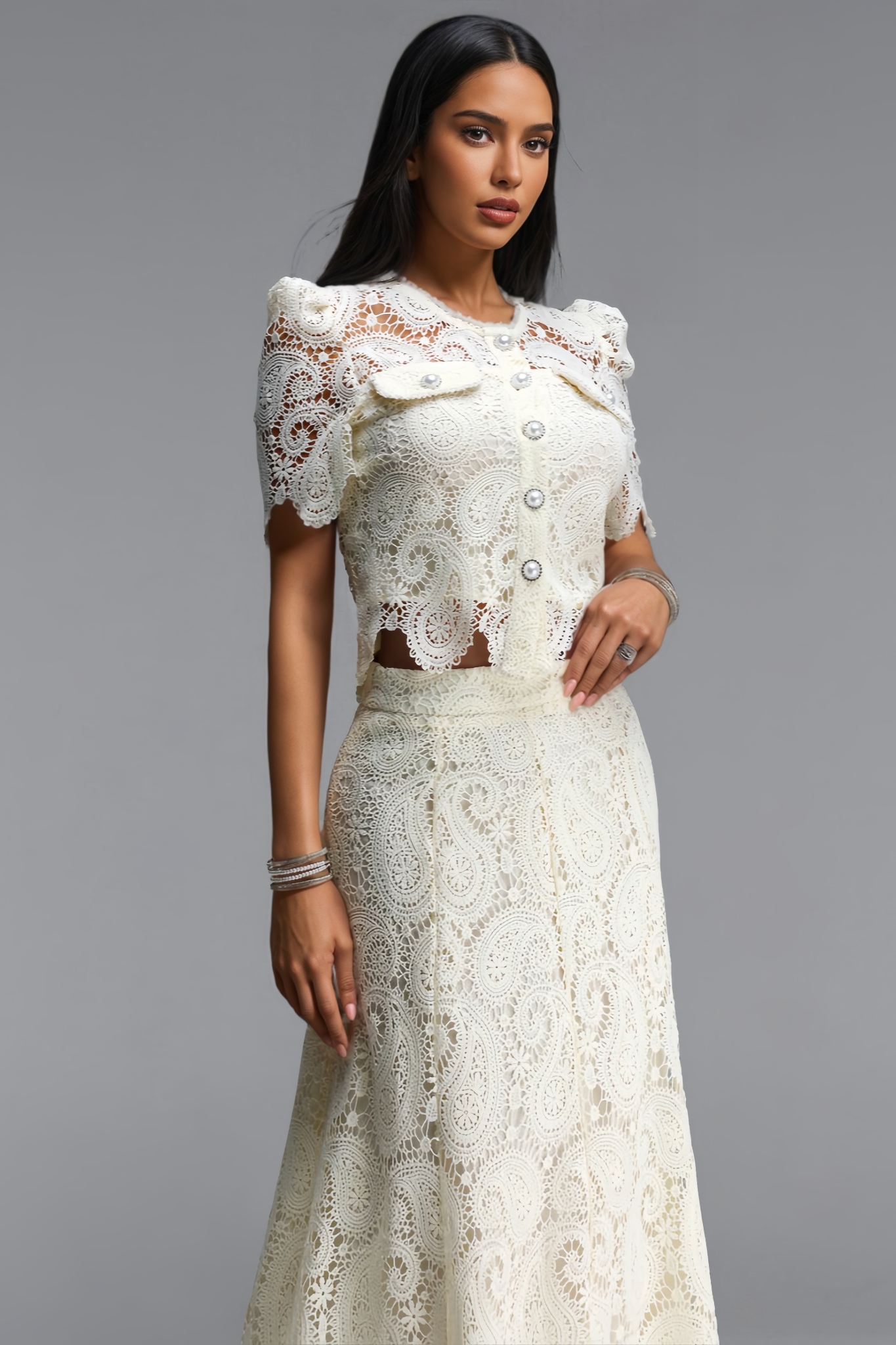 Flamont Beige Lace Maxi Dress Two Piece Set