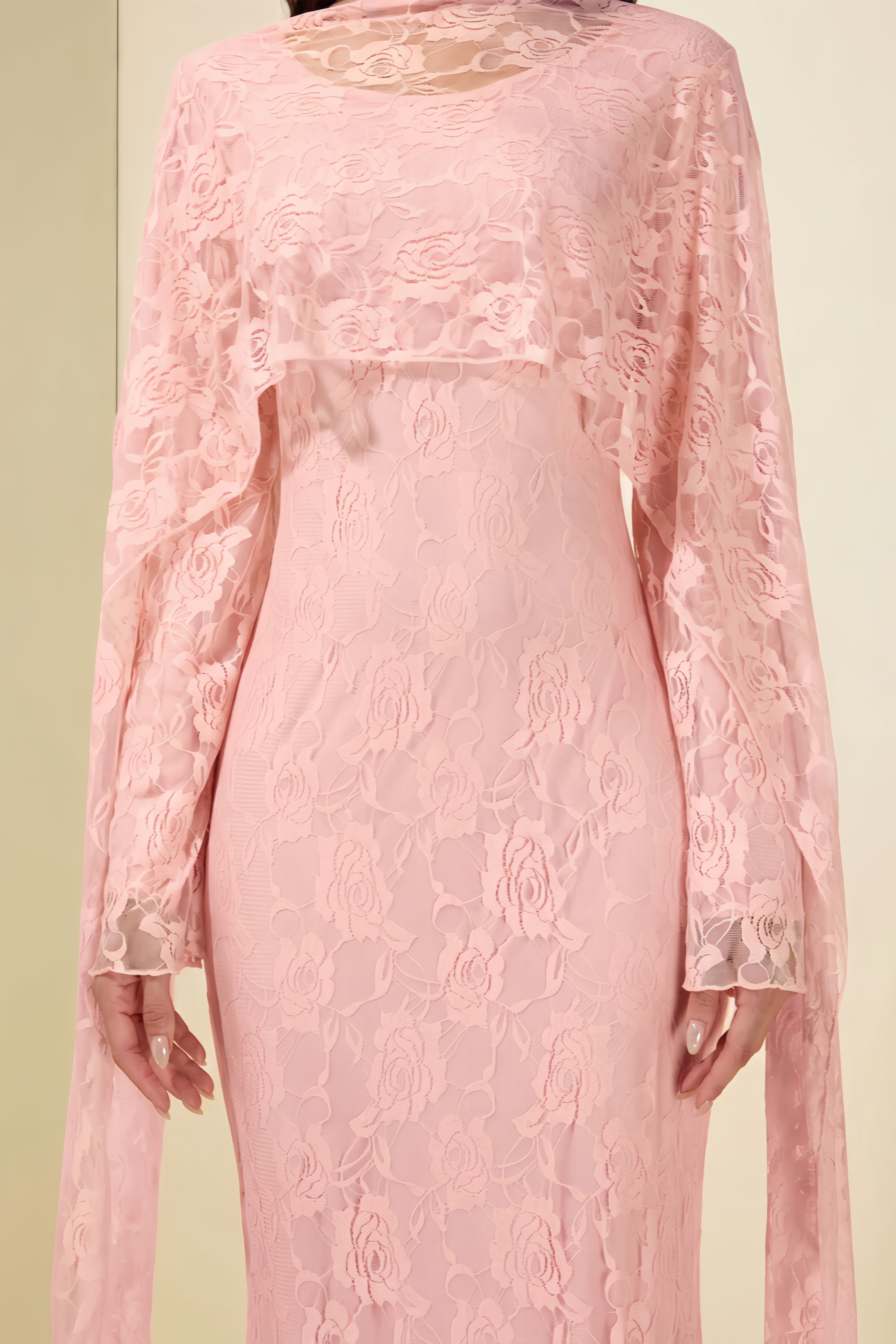 Cosephine Pink Lace Cape Maxi Dress
