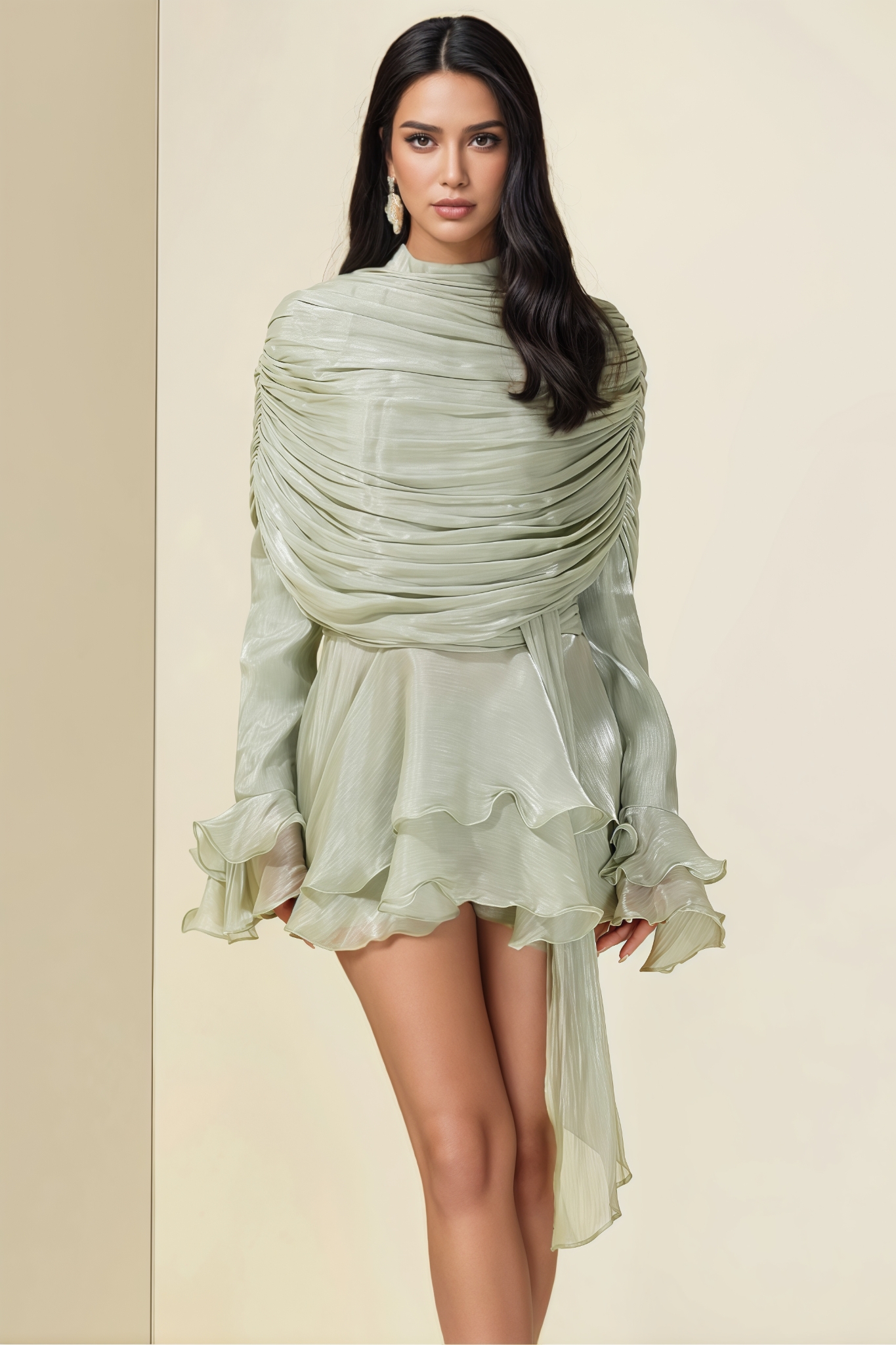 Hector Green Long Sleeve Ruffle Mini Dress