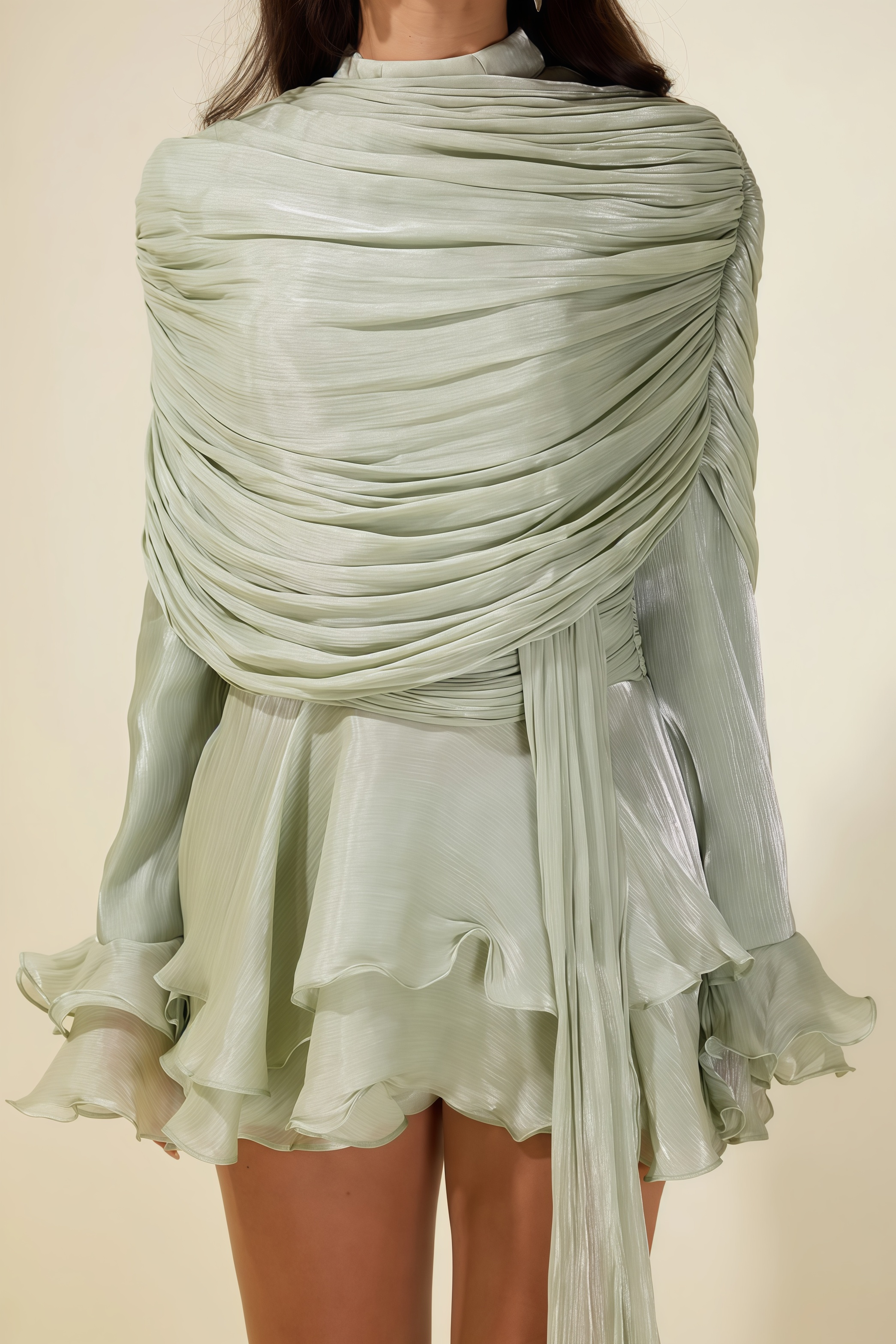 Hector Green Long Sleeve Ruffle Mini Dress