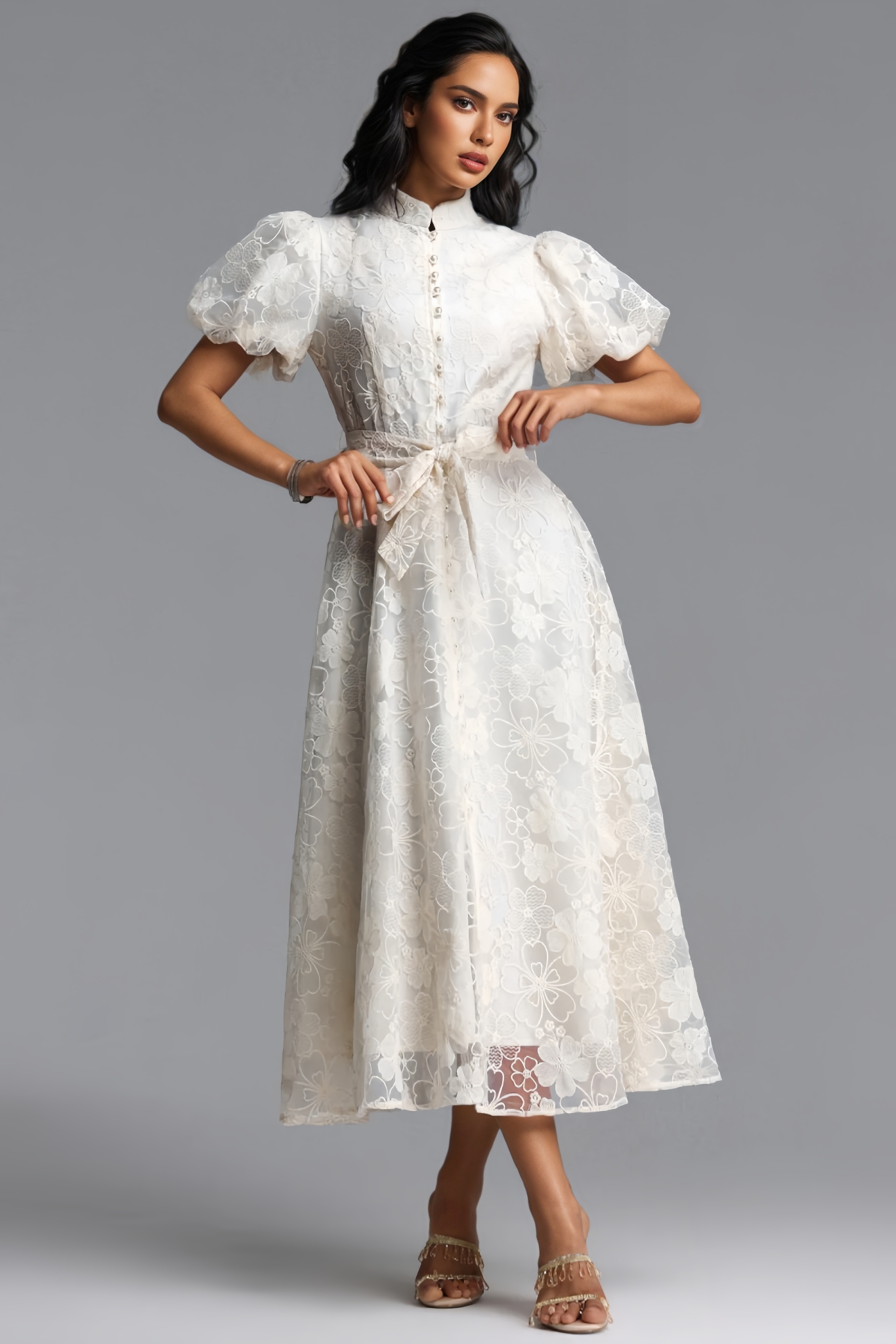 Bnlytha Beige Short Sleeve Embroidered Maxi Dress