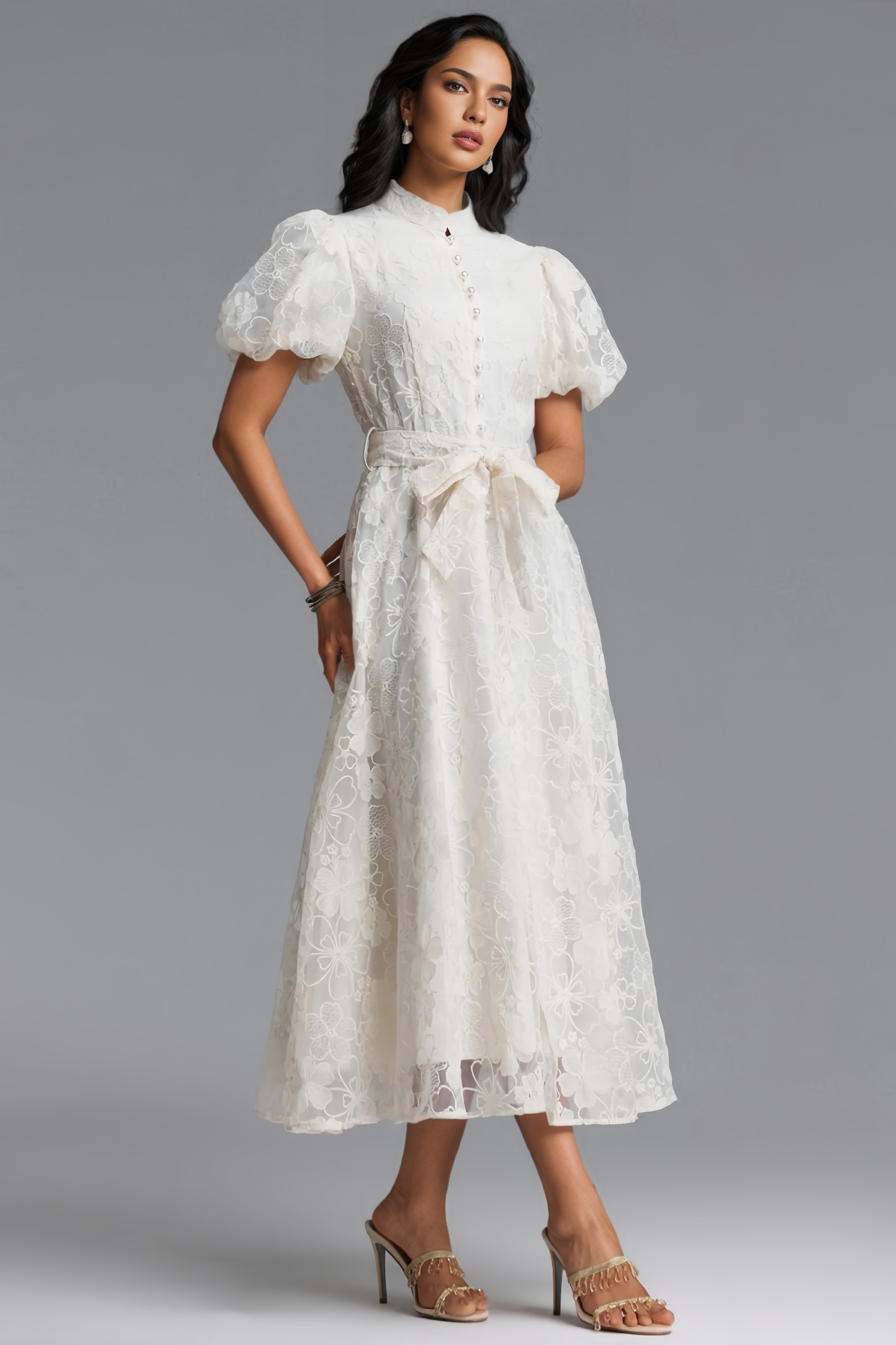 Bnlytha Beige Short Sleeve Embroidered Maxi Dress