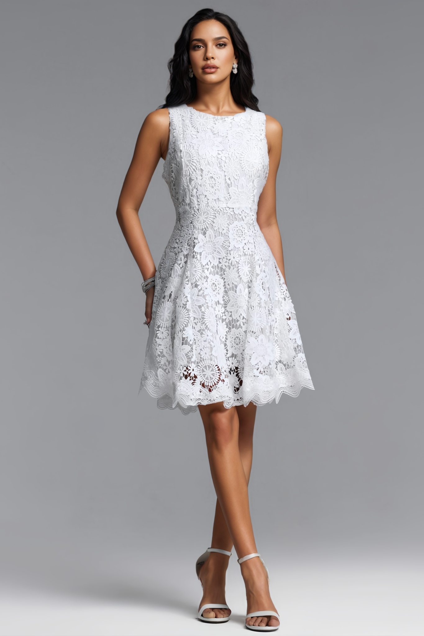 Follan White Sleeveless Lace Mini Dress