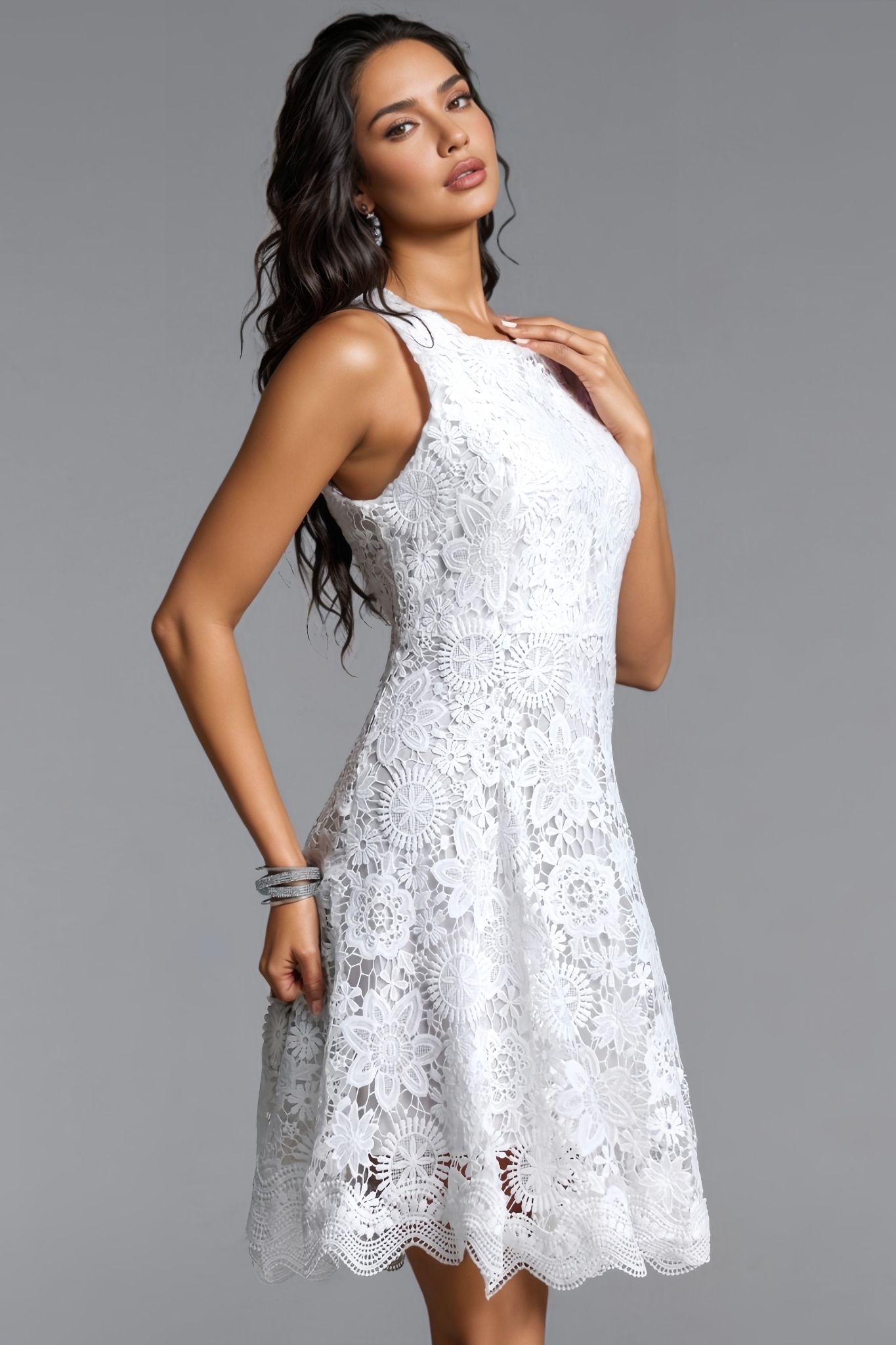 Follan White Sleeveless Lace Mini Dress