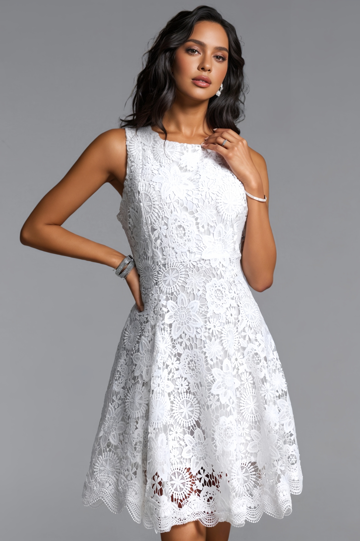 Follan White Sleeveless Lace Mini Dress