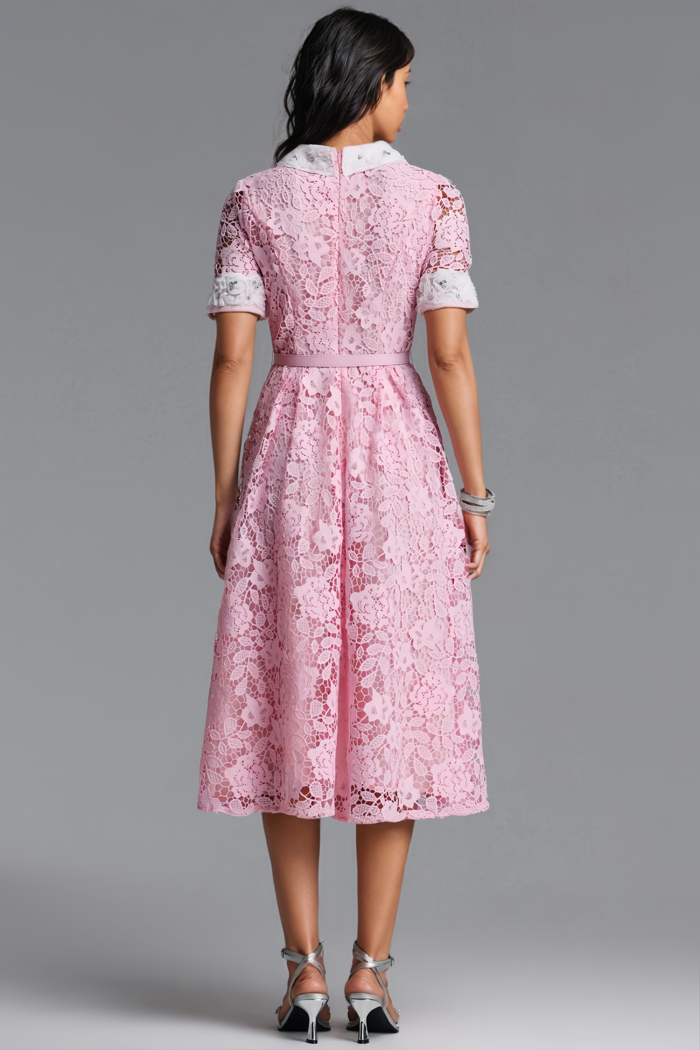 Psweld Pink Short Sleeve Lace Midi Dress