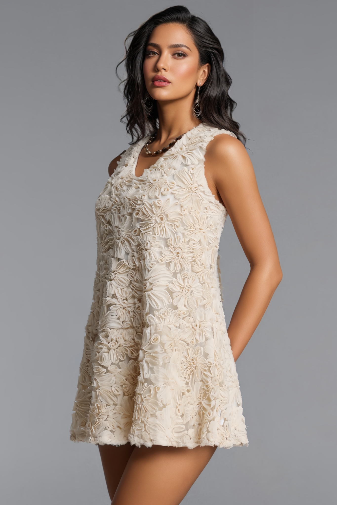 Zintnia Beige 3D floral Mini Dress