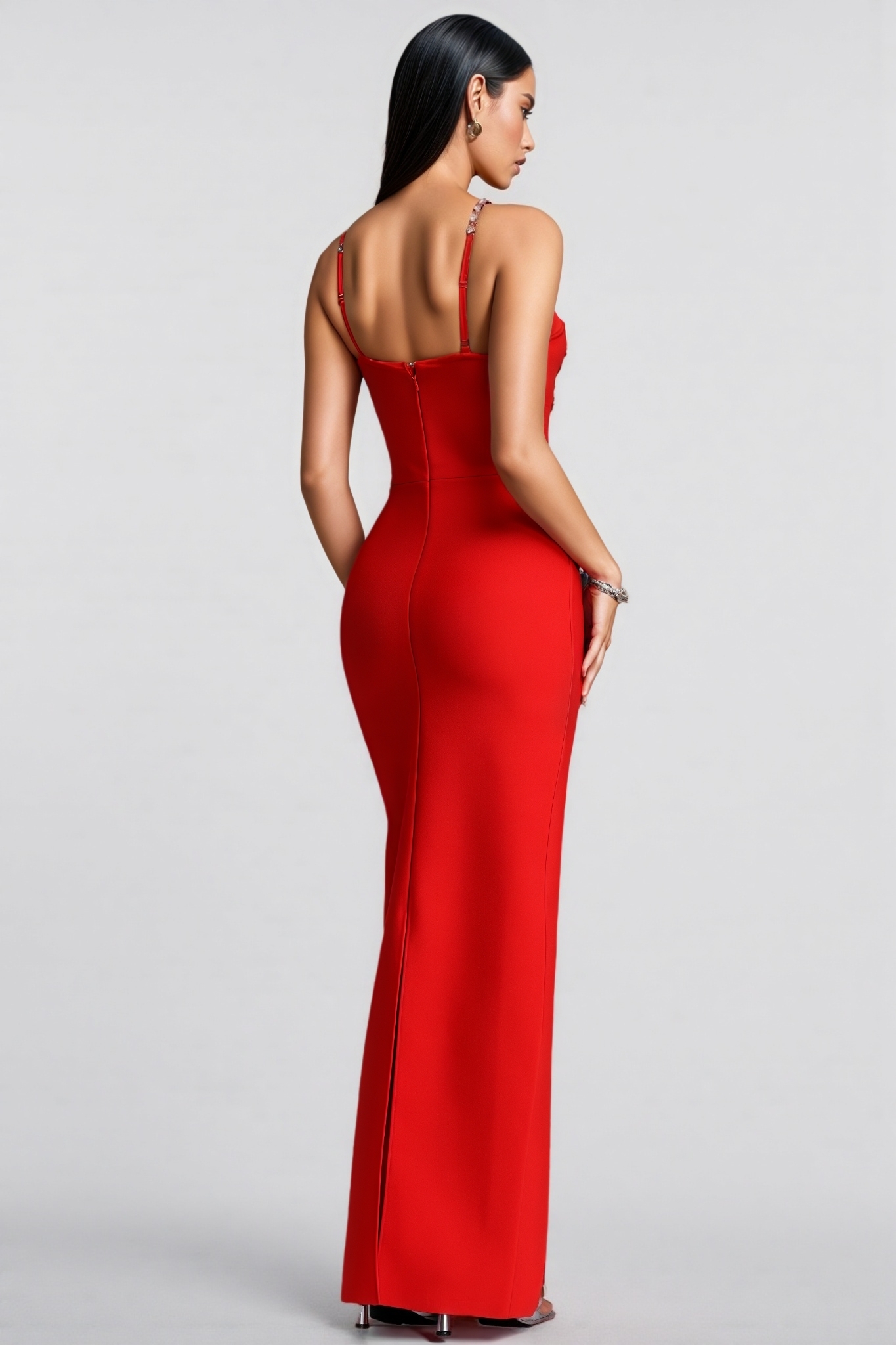 Gruby Red Rhinestone 3D Floral Bandage Maxi Dress