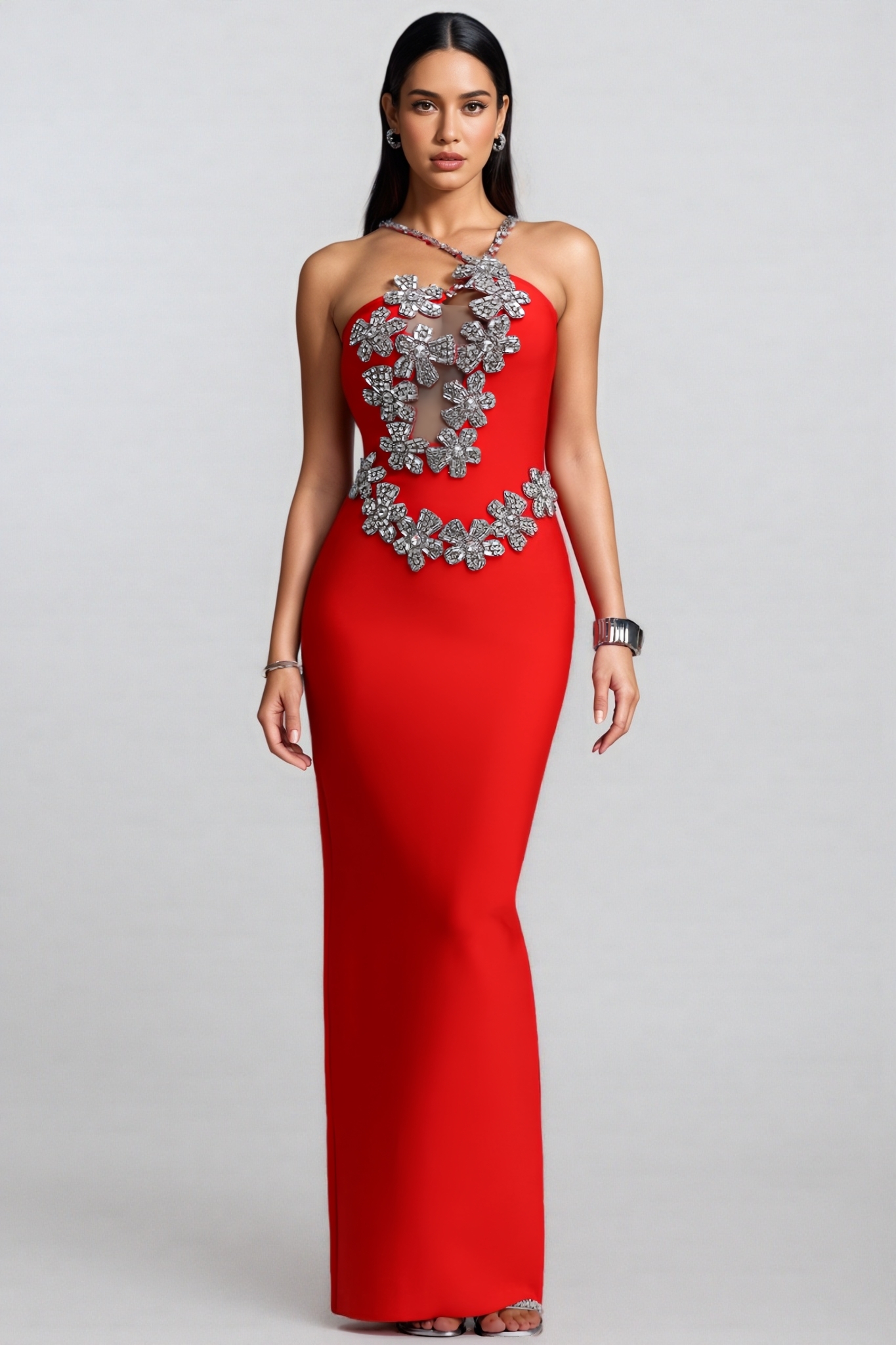 Gruby Red Rhinestone 3D Floral Bandage Maxi Dress