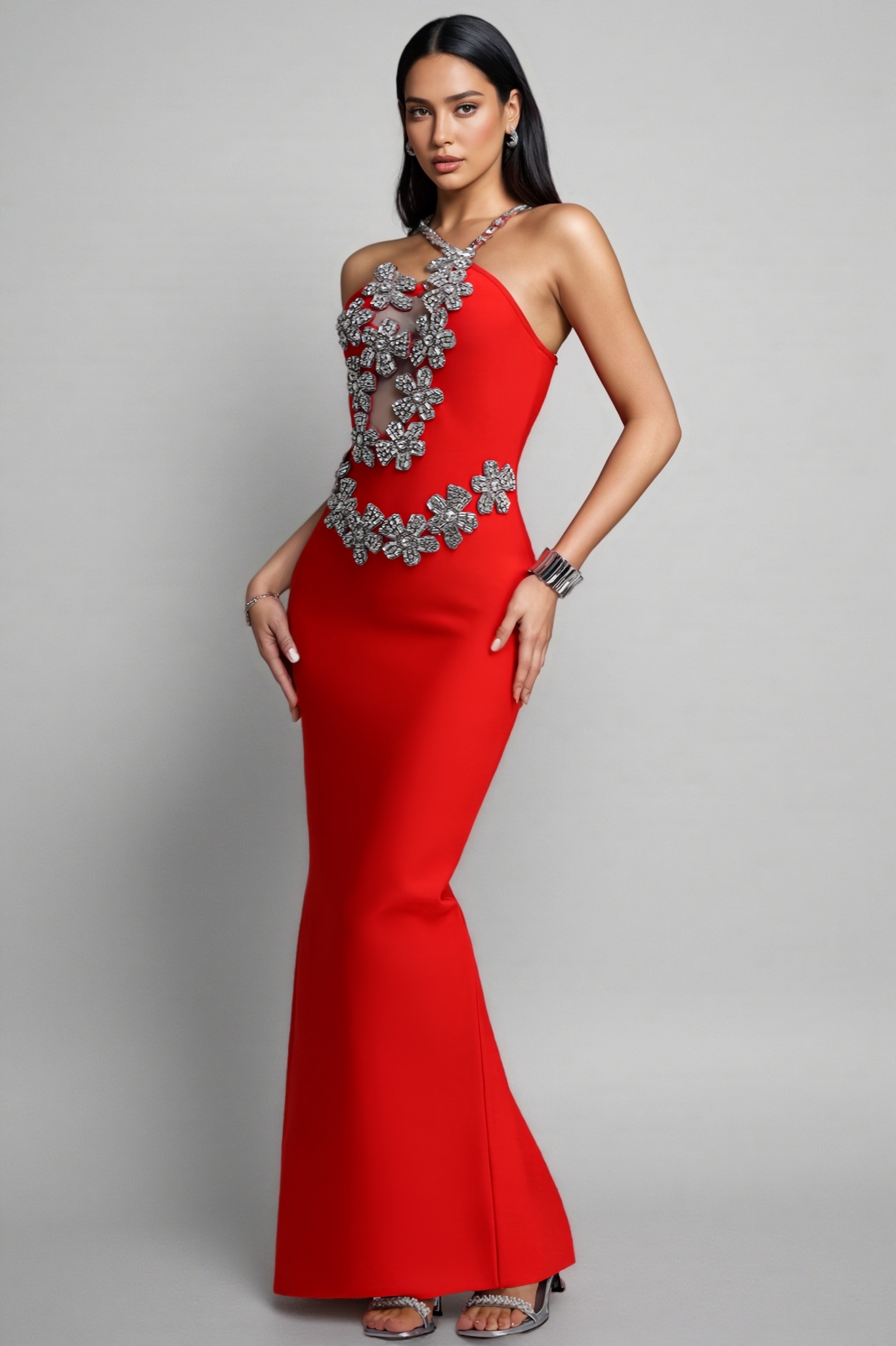Gruby Red Rhinestone 3D Floral Bandage Maxi Dress