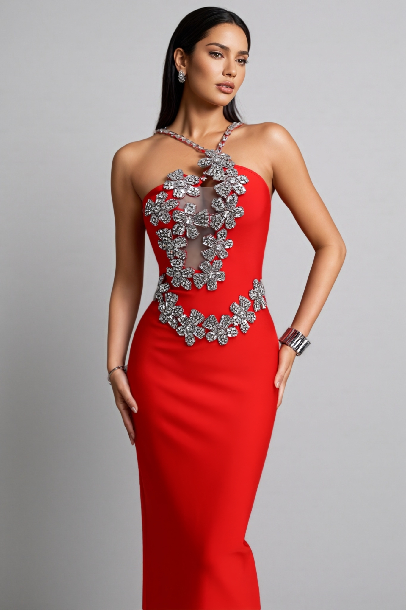 Gruby Red Rhinestone 3D Floral Bandage Maxi Dress