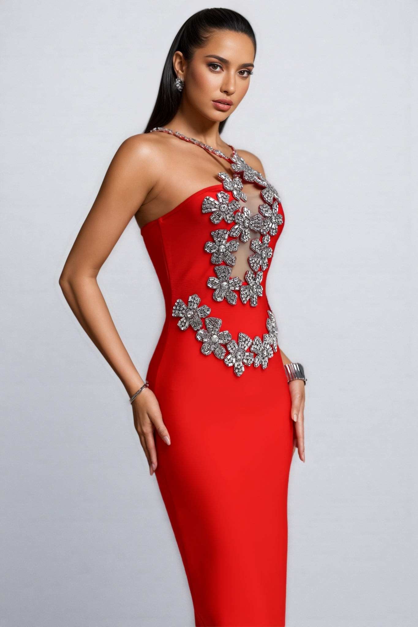 Gruby Red Rhinestone 3D Floral Bandage Maxi Dress