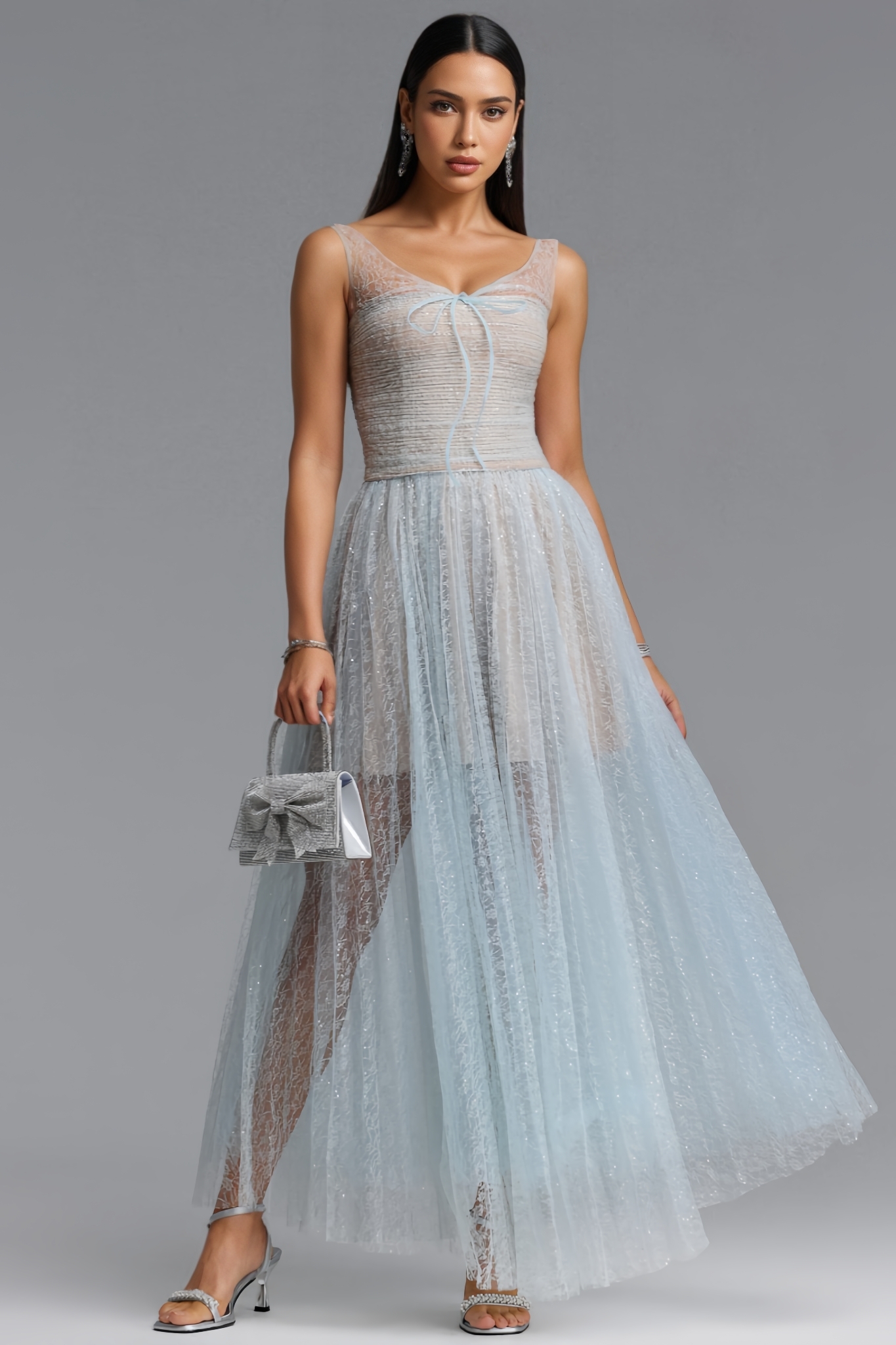 Nigel Blue Halter Mesh Maxi Dress