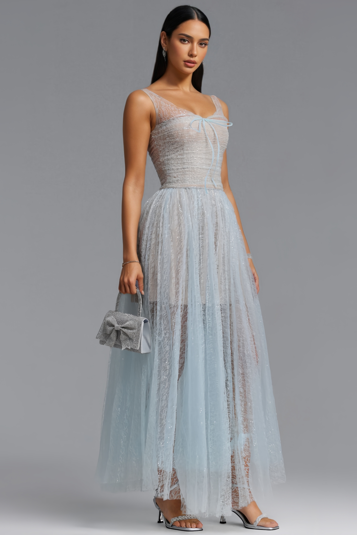 Nigel Blue Halter Mesh Maxi Dress