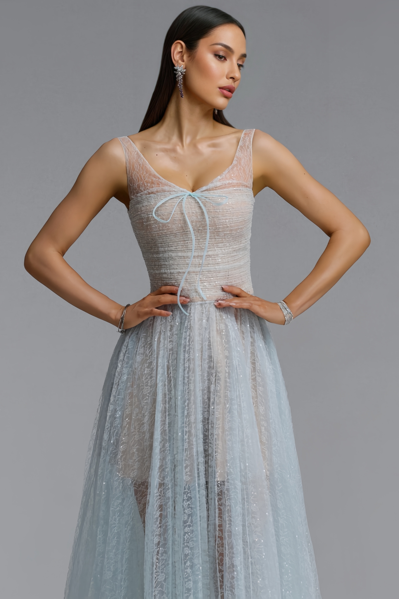 Nigel Blue Halter Mesh Maxi Dress