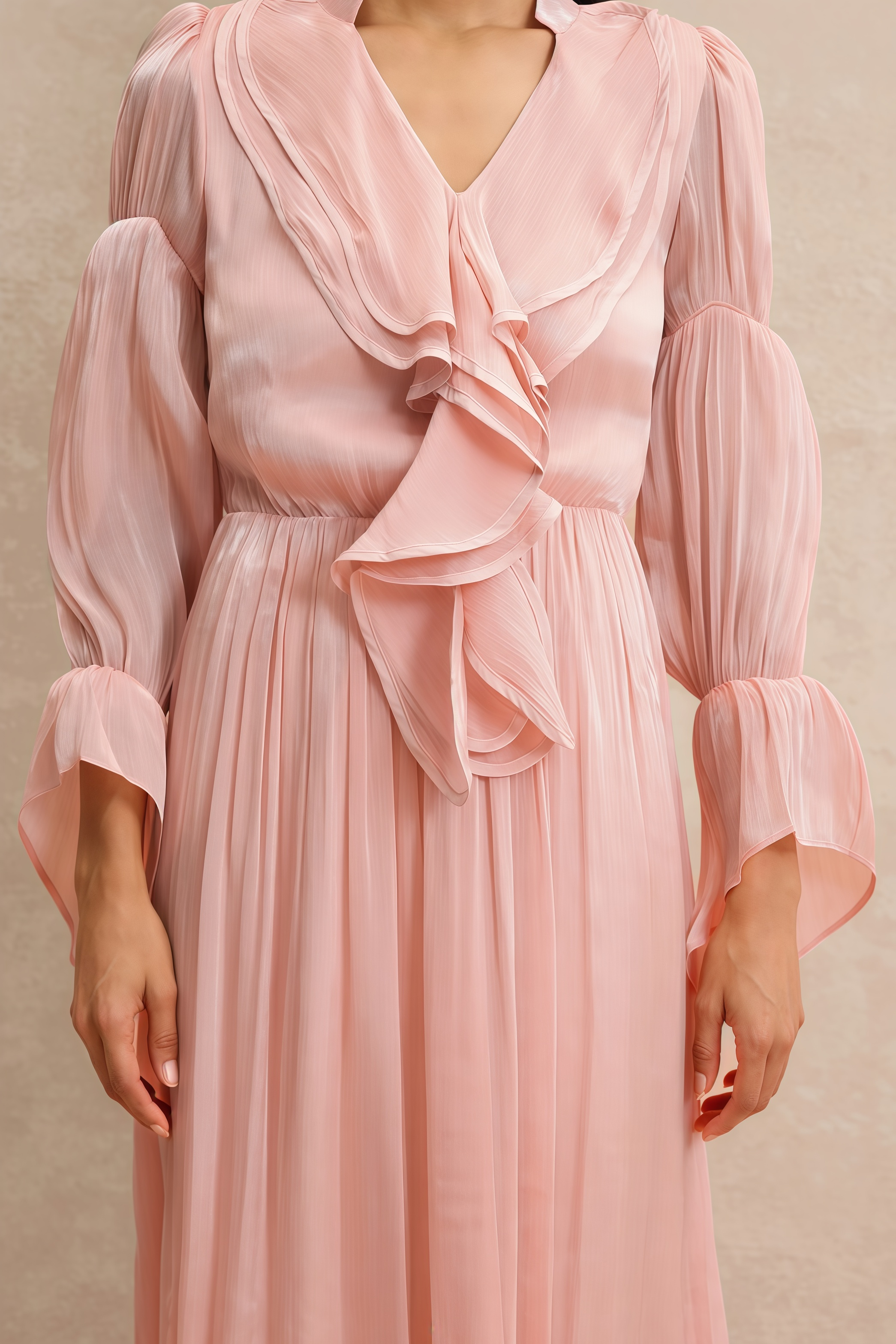 Elexa Pink Long Sleeve Ruffle Maxi Dress