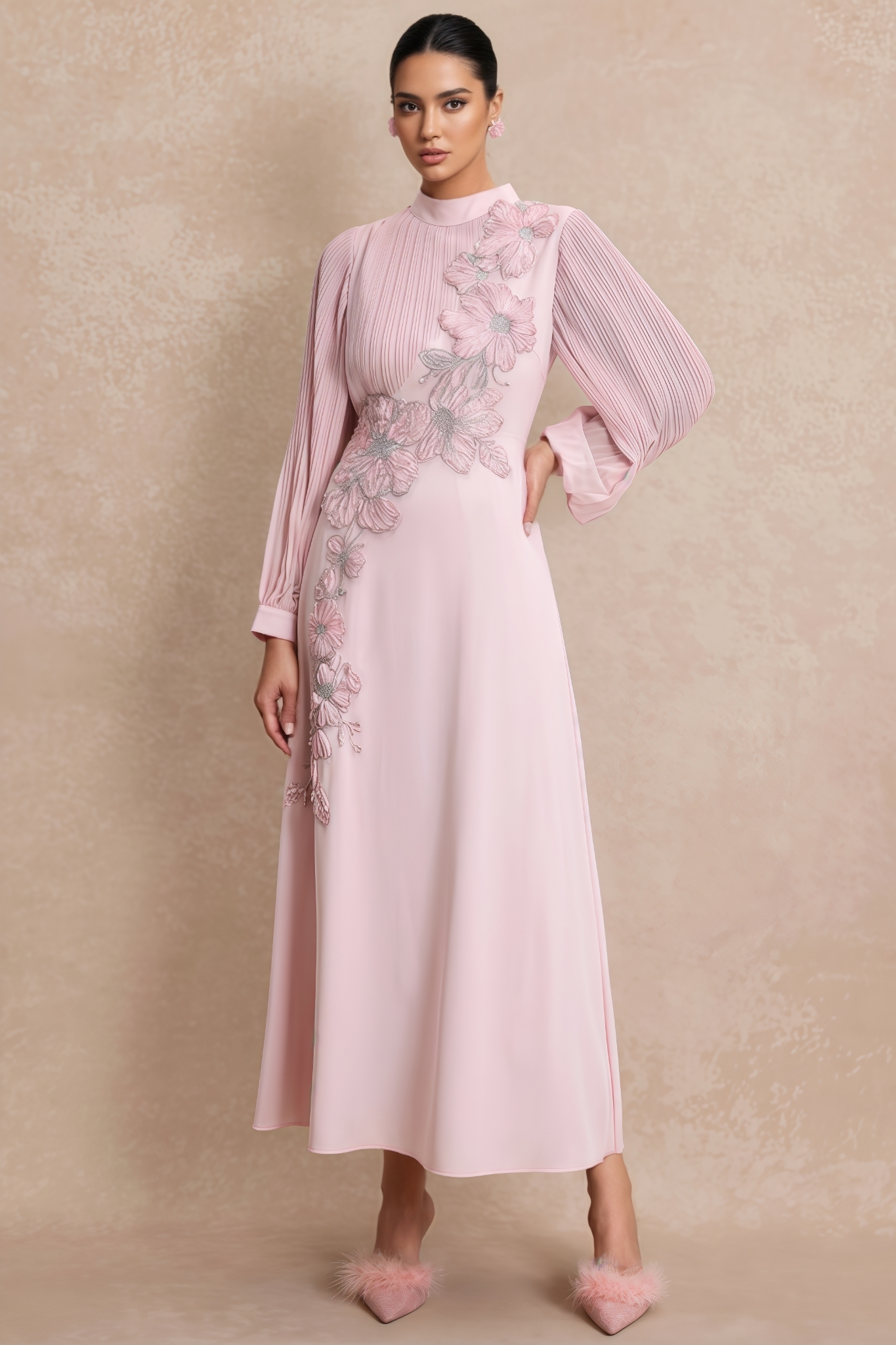 Cenelope Pink Long Sleeve Pleated Maxi Dress