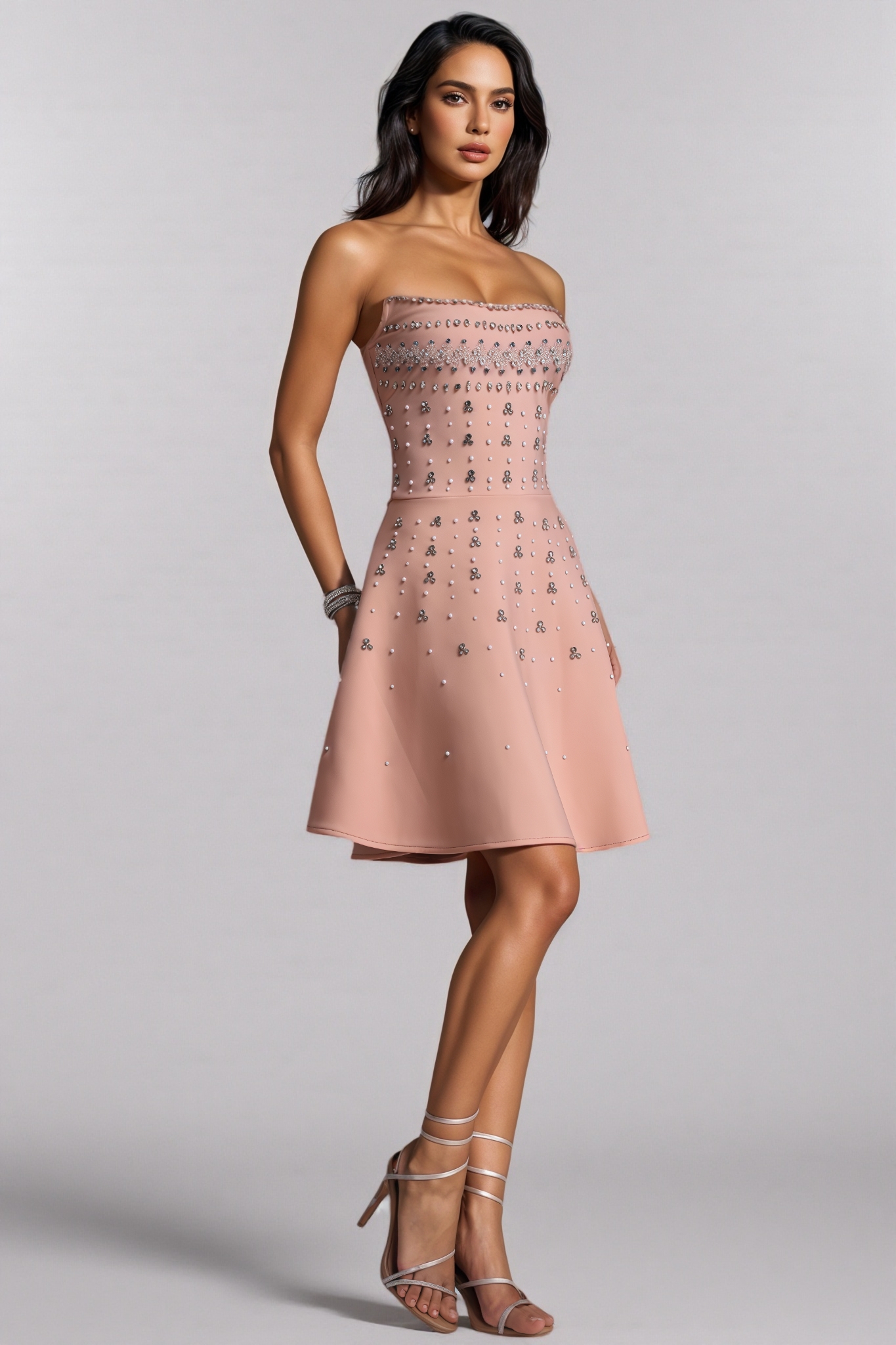 Zarot Strapless Rhinestone Embellished Bandage Mini Dress