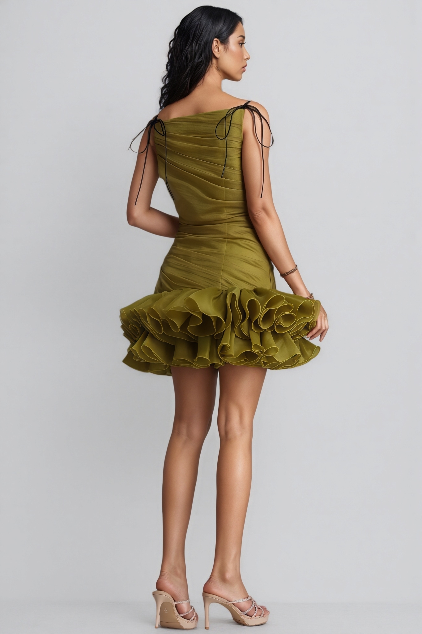Lattie Green Ruched Tiered Ruffle Mini Dress