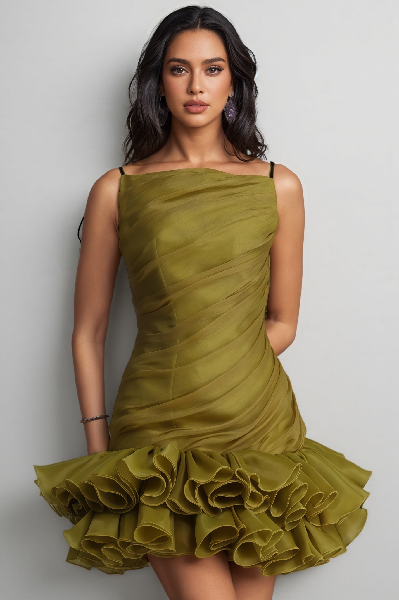 Lattie Green Ruched Tiered Ruffle Mini Dress