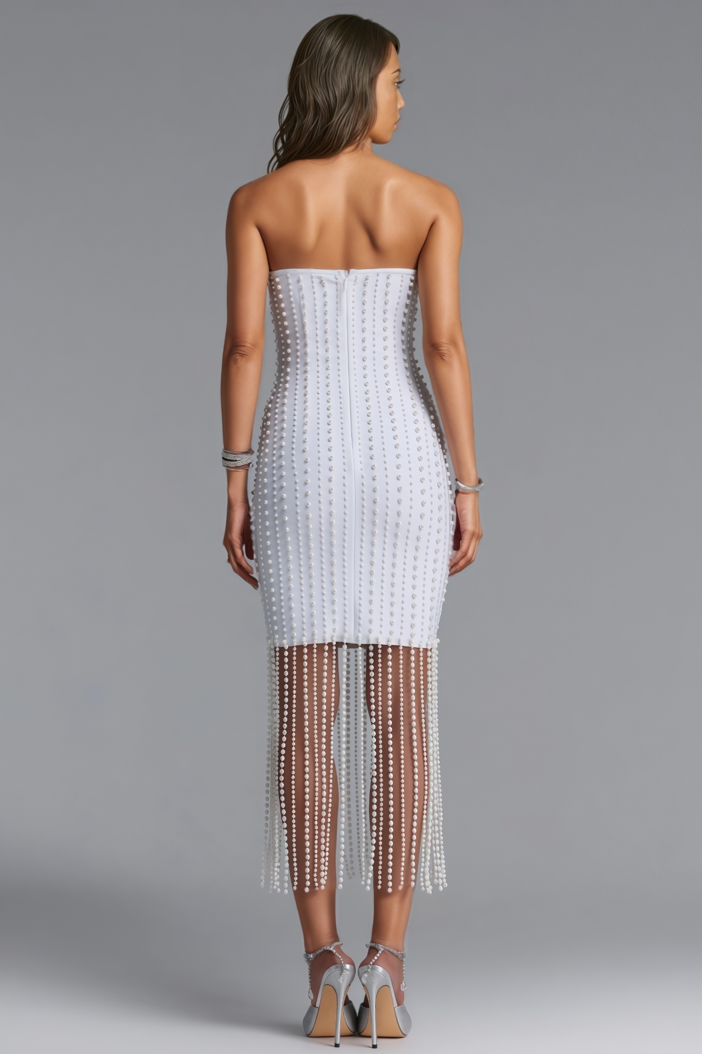 Egnatius White Strapless Pearl Fringe Midi Dress