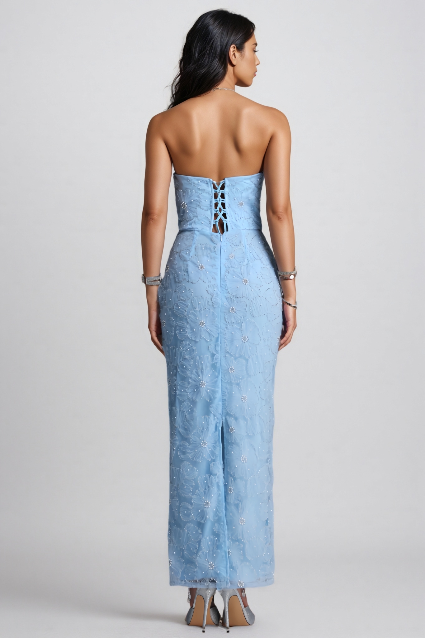 Dasper Blue Strapless Rhinestone Maxi Dress