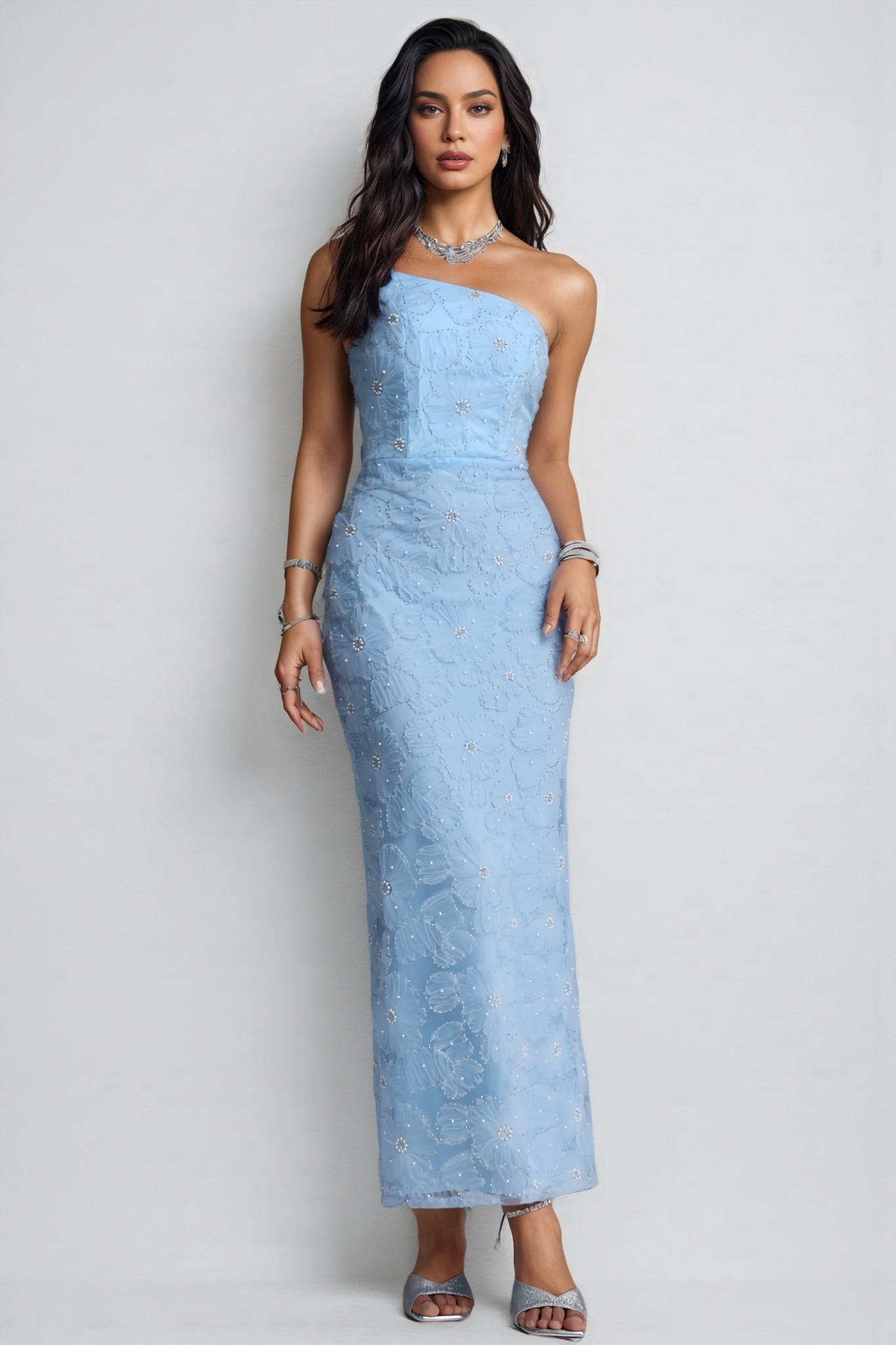 Dasper Blue Strapless Rhinestone Maxi Dress
